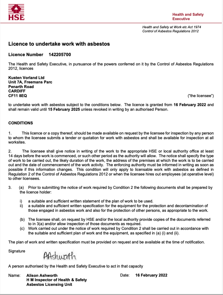 A license to remove asbestos issued by the HSE to Kusten Vorland in 2022