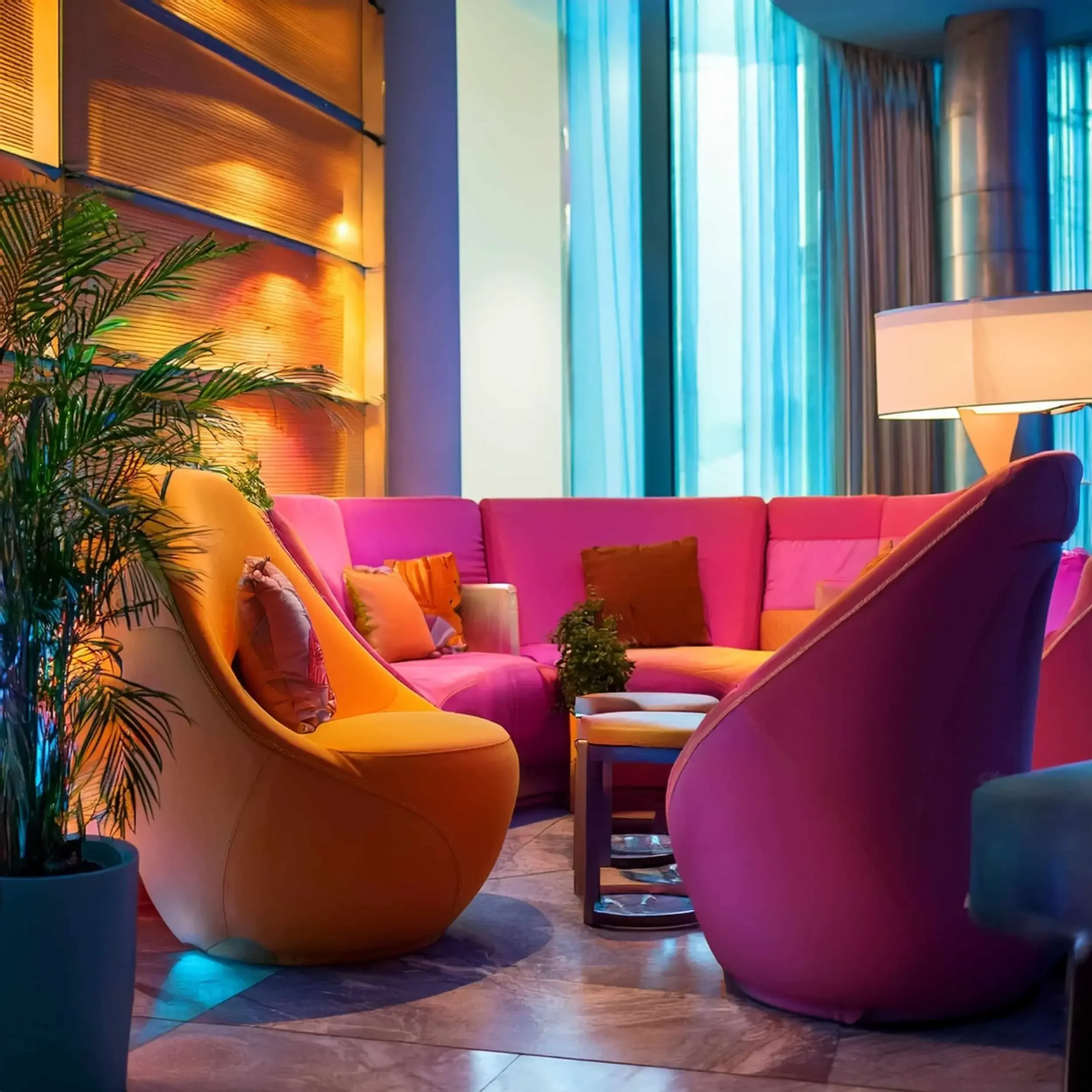 Colorful lounge area with pink and orange curved sofas, a yellow armchair, a small table with green plants, and tall curtains with natural light coming through the windows.