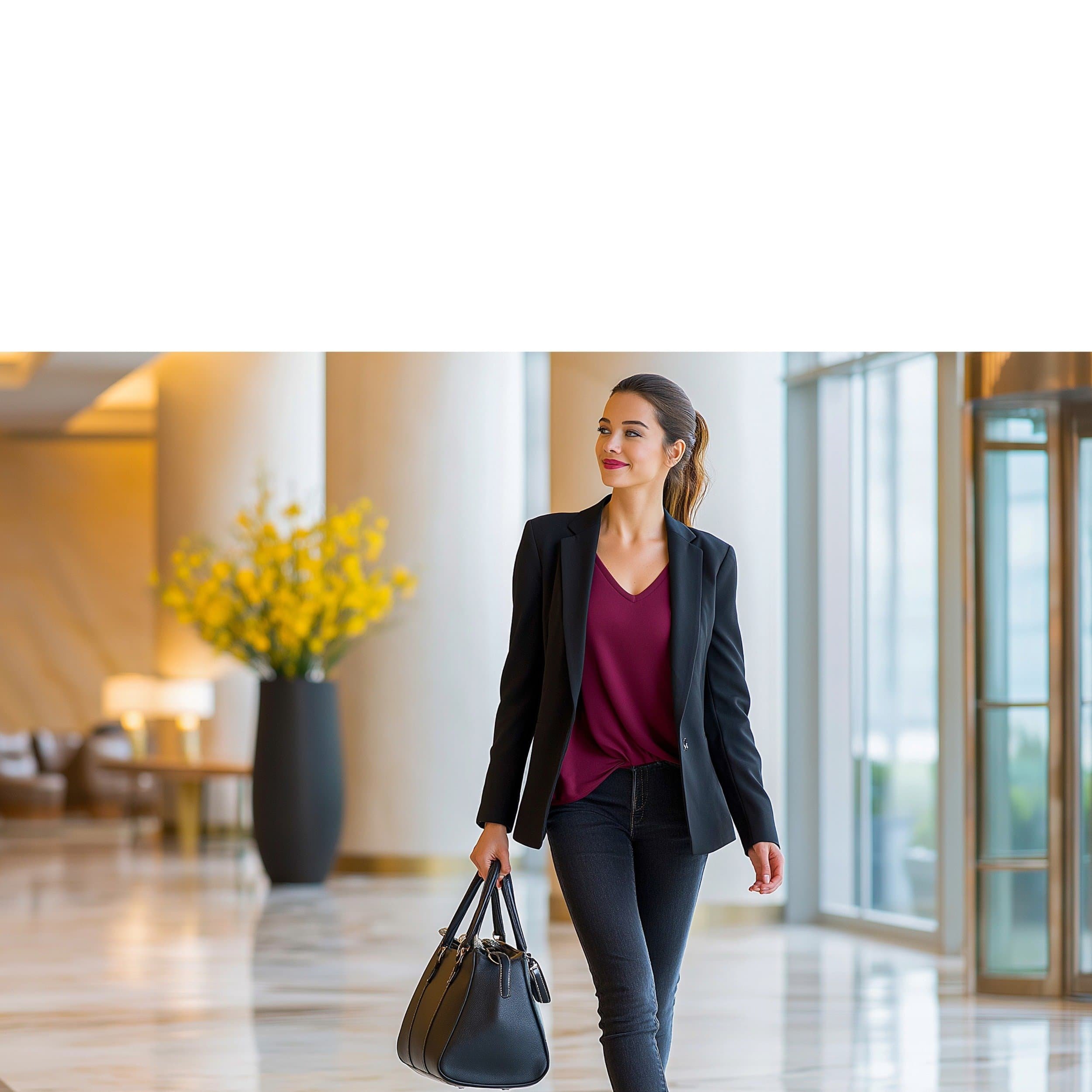 Woman in business attire, black handbag, walks confidently in a bright lobby after asbestos training; yellow flowers behind her.