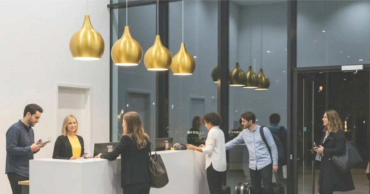 People checking in at a modern hotel reception desk with large gold pendant lights, glass walls, and a mostly dark outdoor scene visible through the windows.