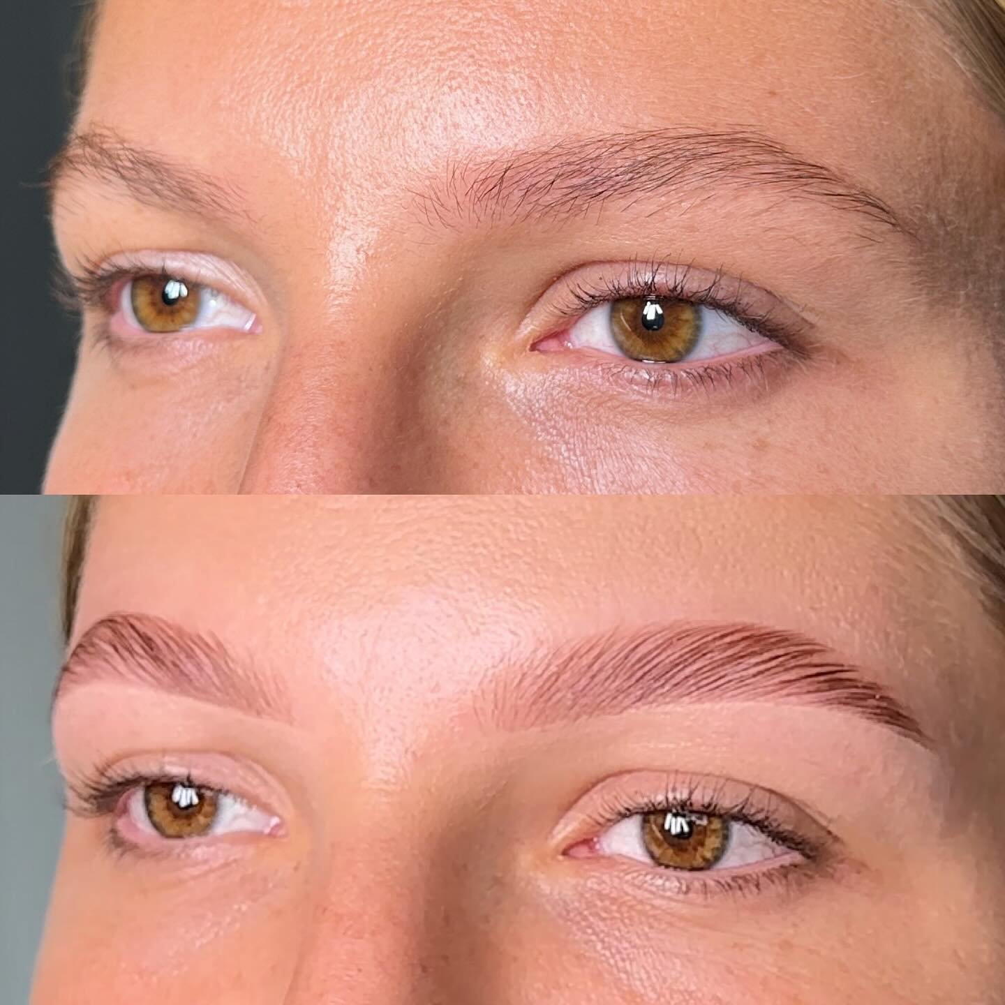 Before and after of our signature brow styling with lamination and hybrid dye service. Perfect for brows that refuse to sit right (literally every brow!).
