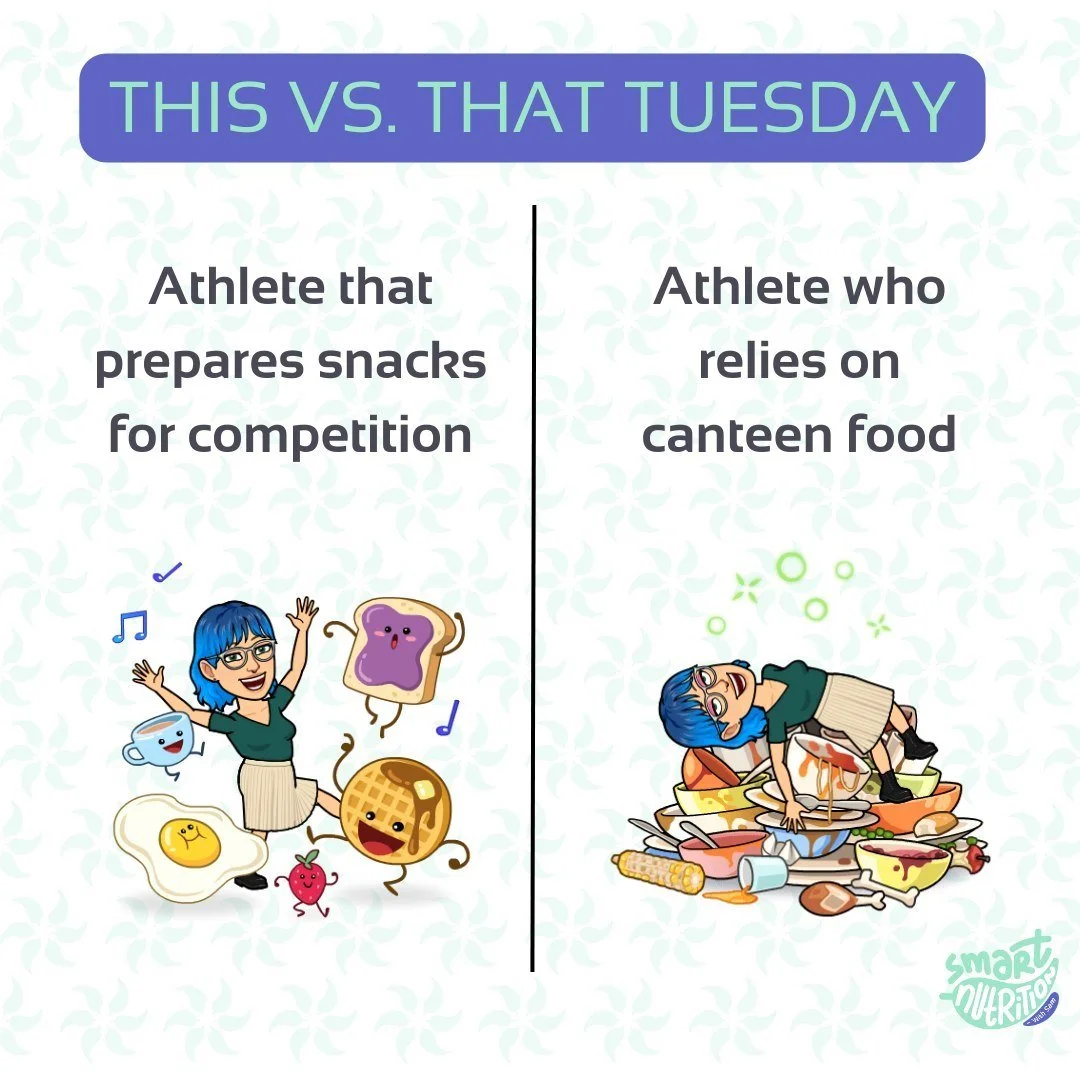 This vs. That Tuesday! Let's talk pre-planning!⁠
⁠
Ok so we *know* we need to eat at competition, but surely I can just get some food there, right? There's always food trucks or a canteen or bbq going, I'm sure I'll find something.⁠
⁠
While you defin