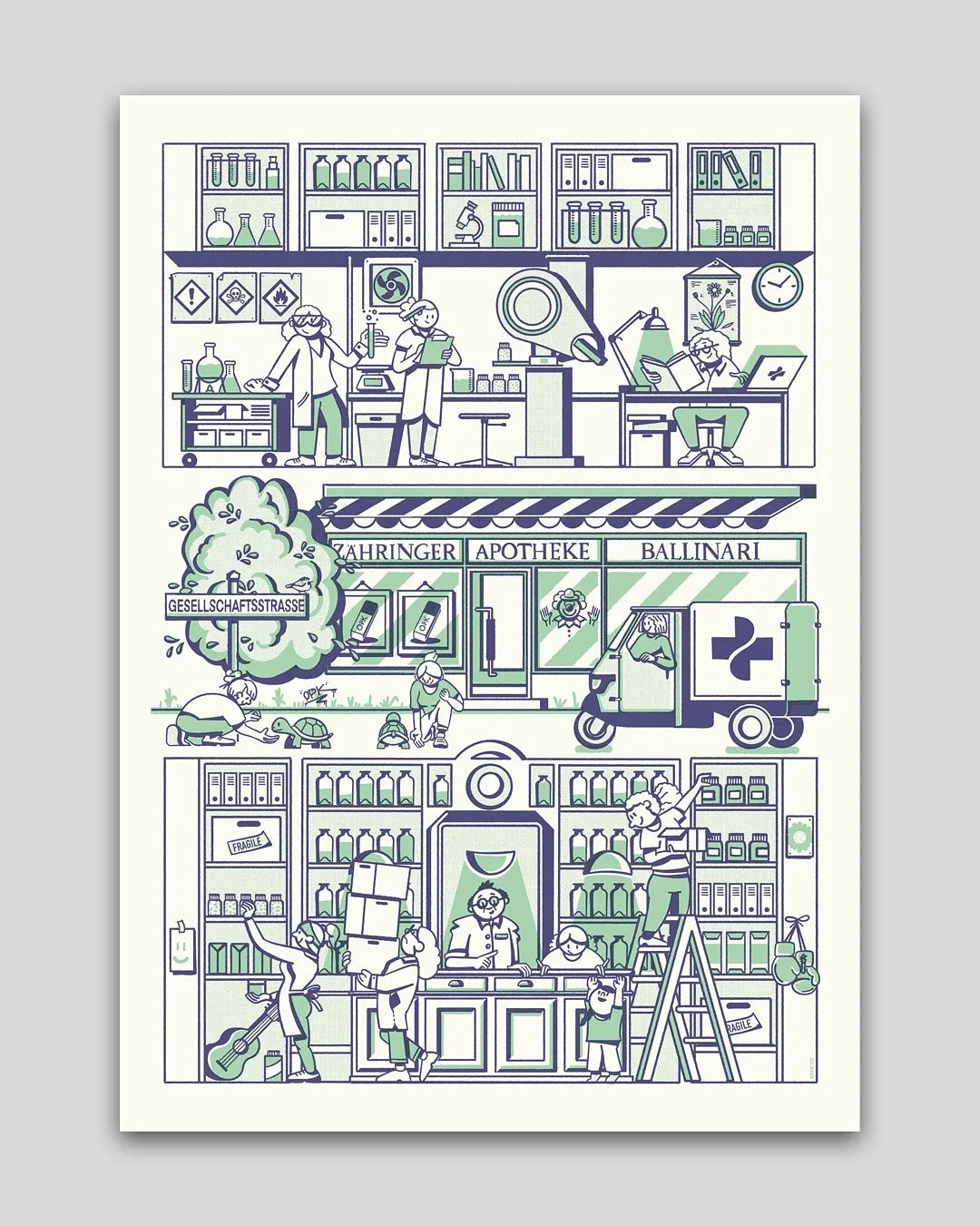 neue Illustration f&uuml;r die Z&auml;hringer Apotheke Ballinari in der L&auml;nggasse. 

Zur Zeit sind auch unsere Siebdrucke im Schaufenster der Apotheke ausgestellt.