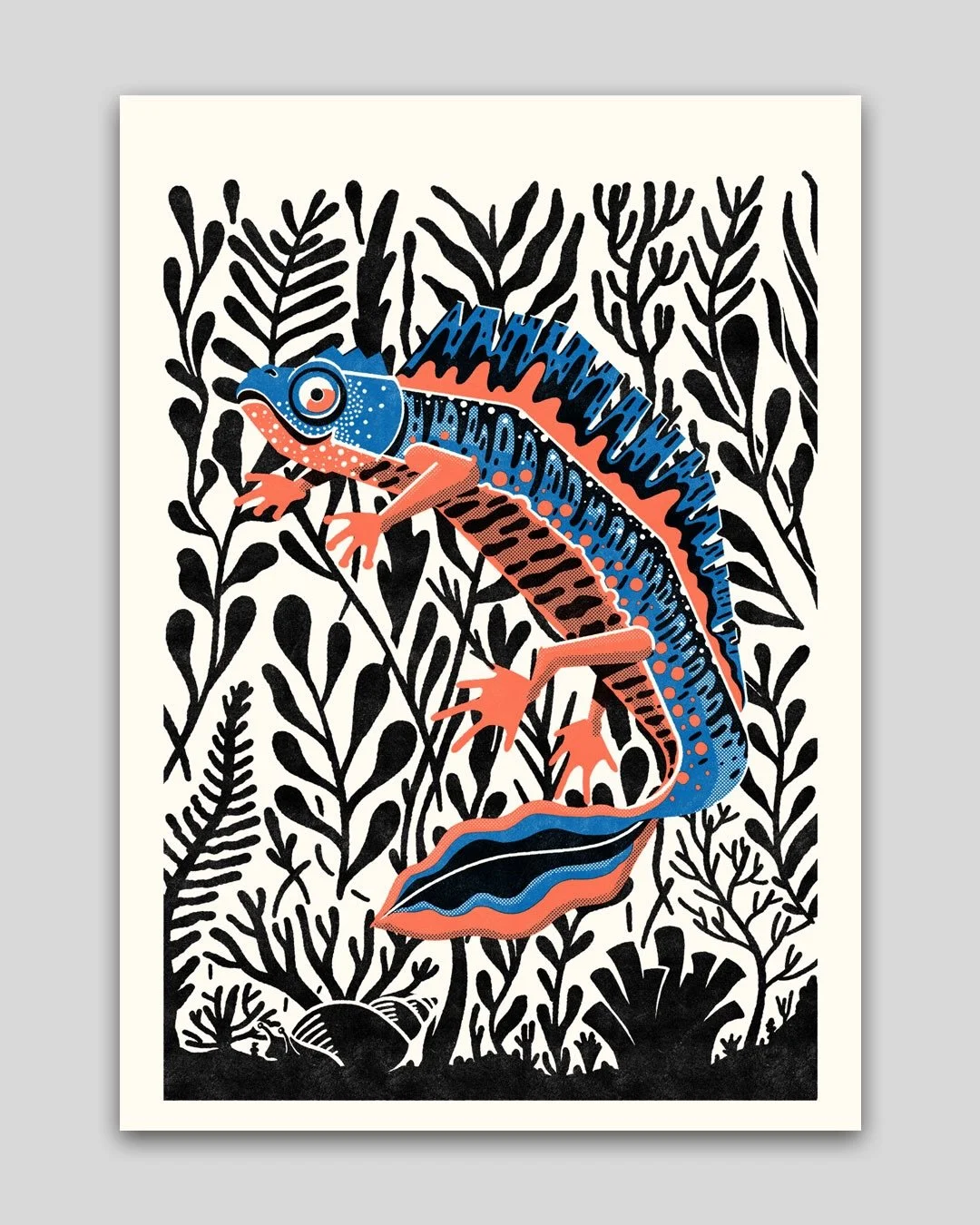 unser neuer print #alpenkammmolch ist jetzt in unserem shop.opak.cc erh&auml;ltlich.
oder noch bis zum 15.juni in der ausstellung bestiarium in der @buchhandlung_stauffacher 
limitierter, handgedruckter siebdruck im format 50x70, 3 farben
#screenprin