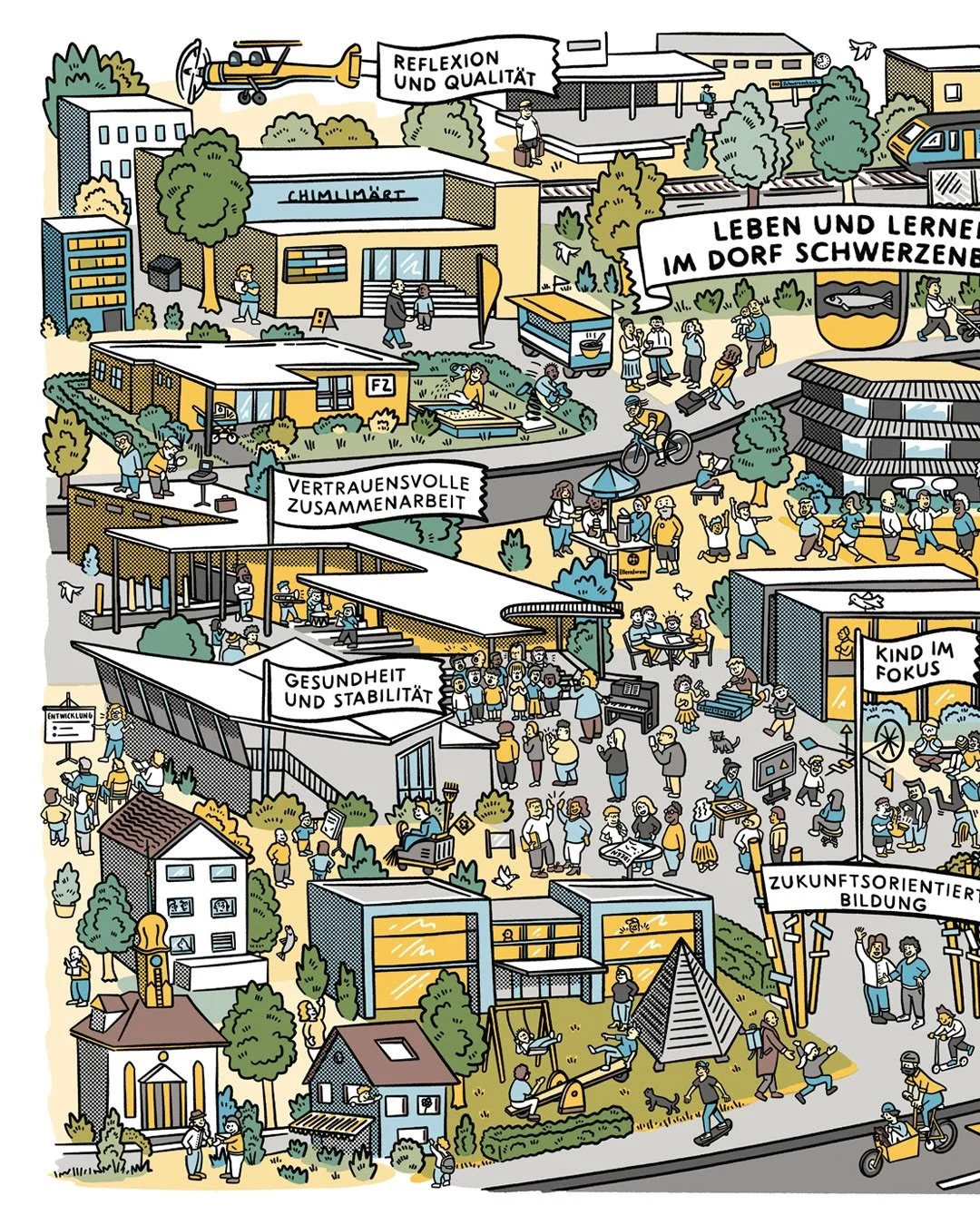 Interaktives Wimmelbild f&uuml;r die Primarschule Schwerzenbach. 

Das Leitbild beschreibt die gemeinsamen Werte und Ziele, die das Handeln im Schulalltag pr&auml;gen. Es dient als Orientierung f&uuml;r Mitarbeitende, Sch&uuml;lerinnen und Sch&uuml;l