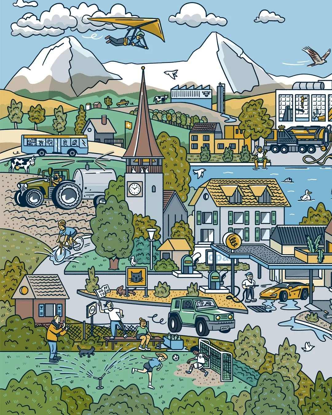 Wimmelbild f&uuml;r den Jahresbericht der Abwasserreinigungsanlage ARA Thunersee. Die Illustration zeigt verschiedene Abwasser-Verursacher*innen und einen ersten &Uuml;berblick &uuml;ber die Gemeinde. Das Wimmelbild dient als Coverillustration des ge