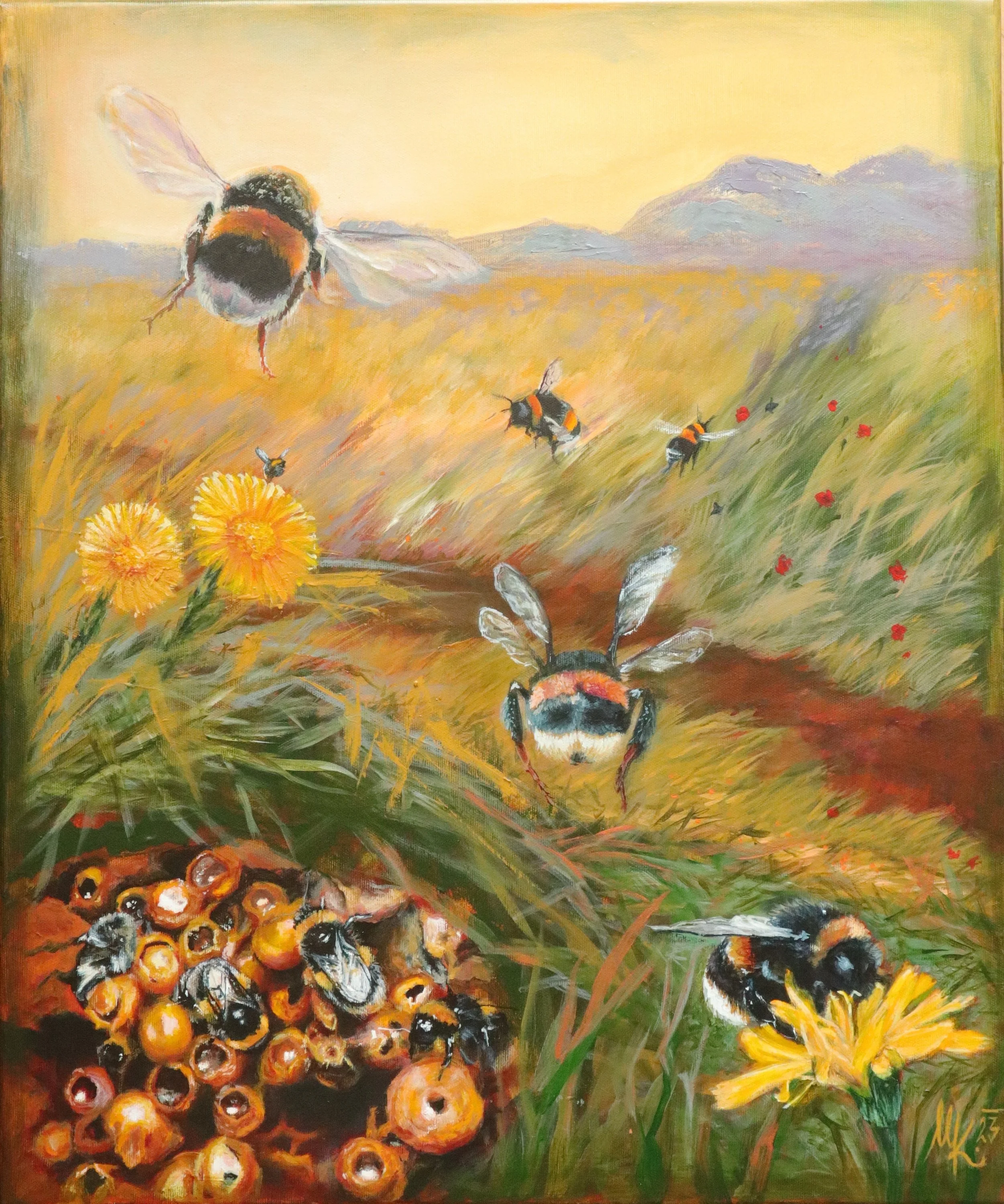 Čmeláci, 50x60cm, akryl na plátně, 2023
