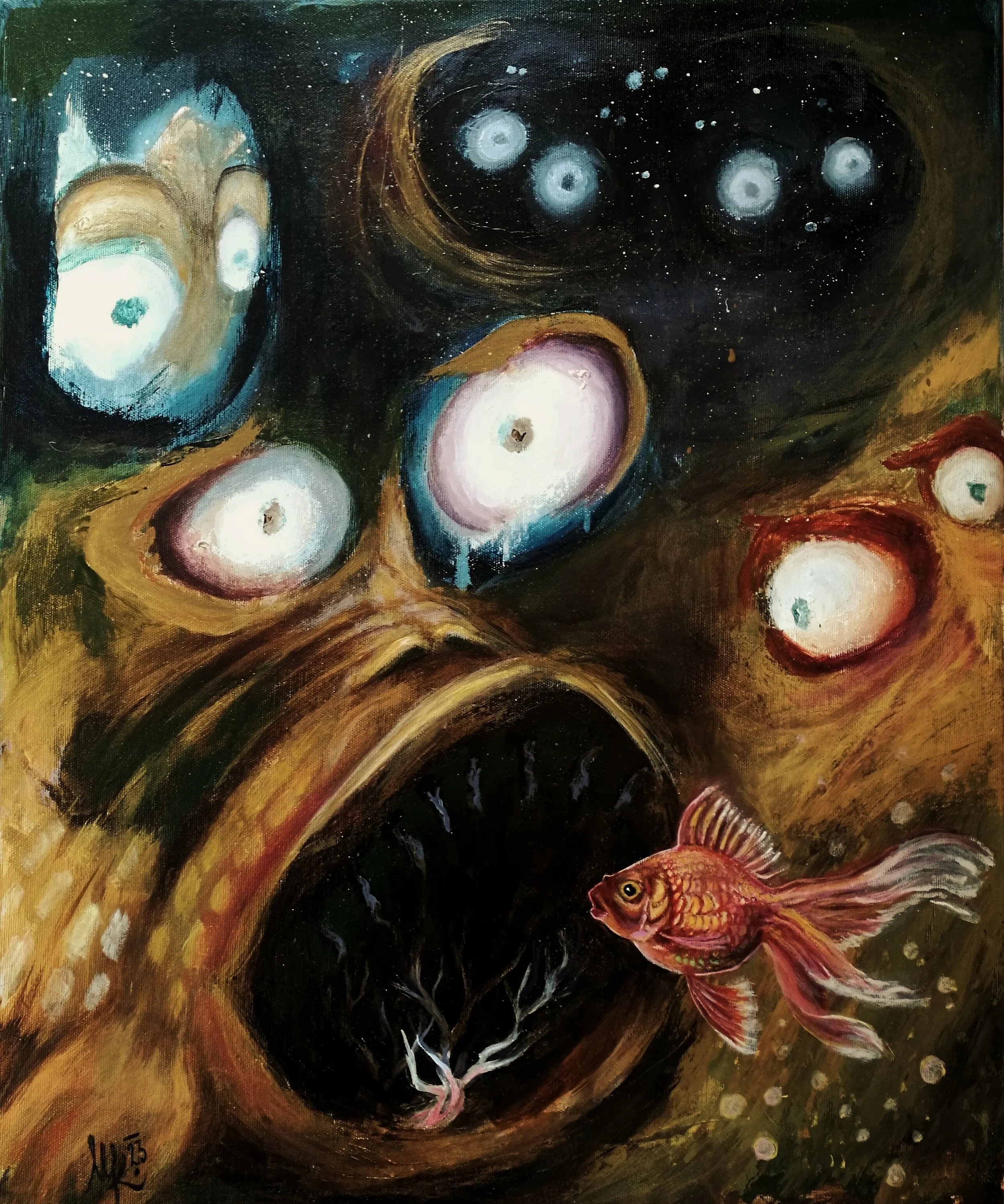 Zlatá rybko, něco si přej.., 50x60cm, akryl na plátně, 2023