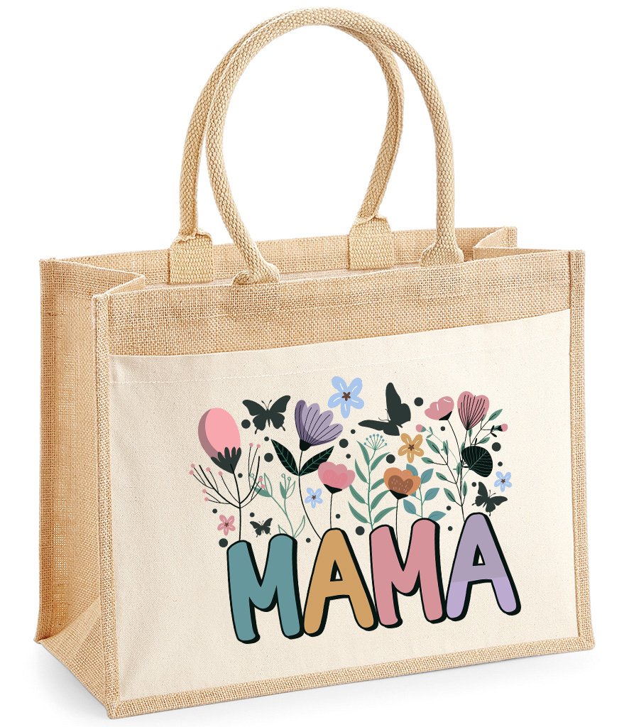 Large Jute Tote Bag Floral Mama