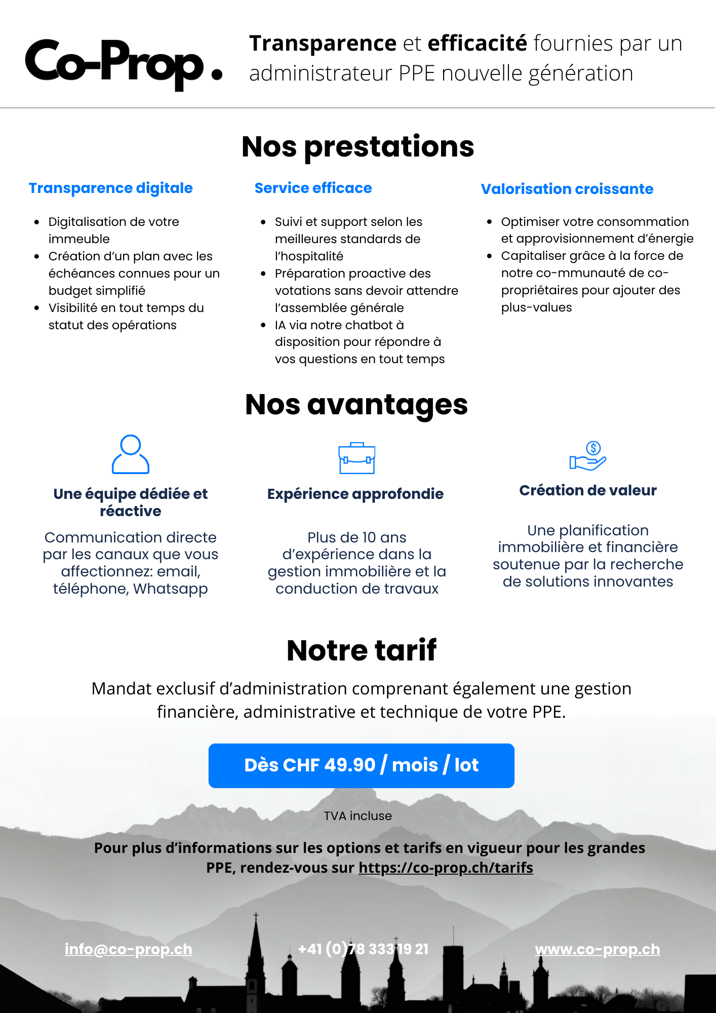 One page décrivant les prestations, avantages et tarifs de l'administration PPE Co-Prop
