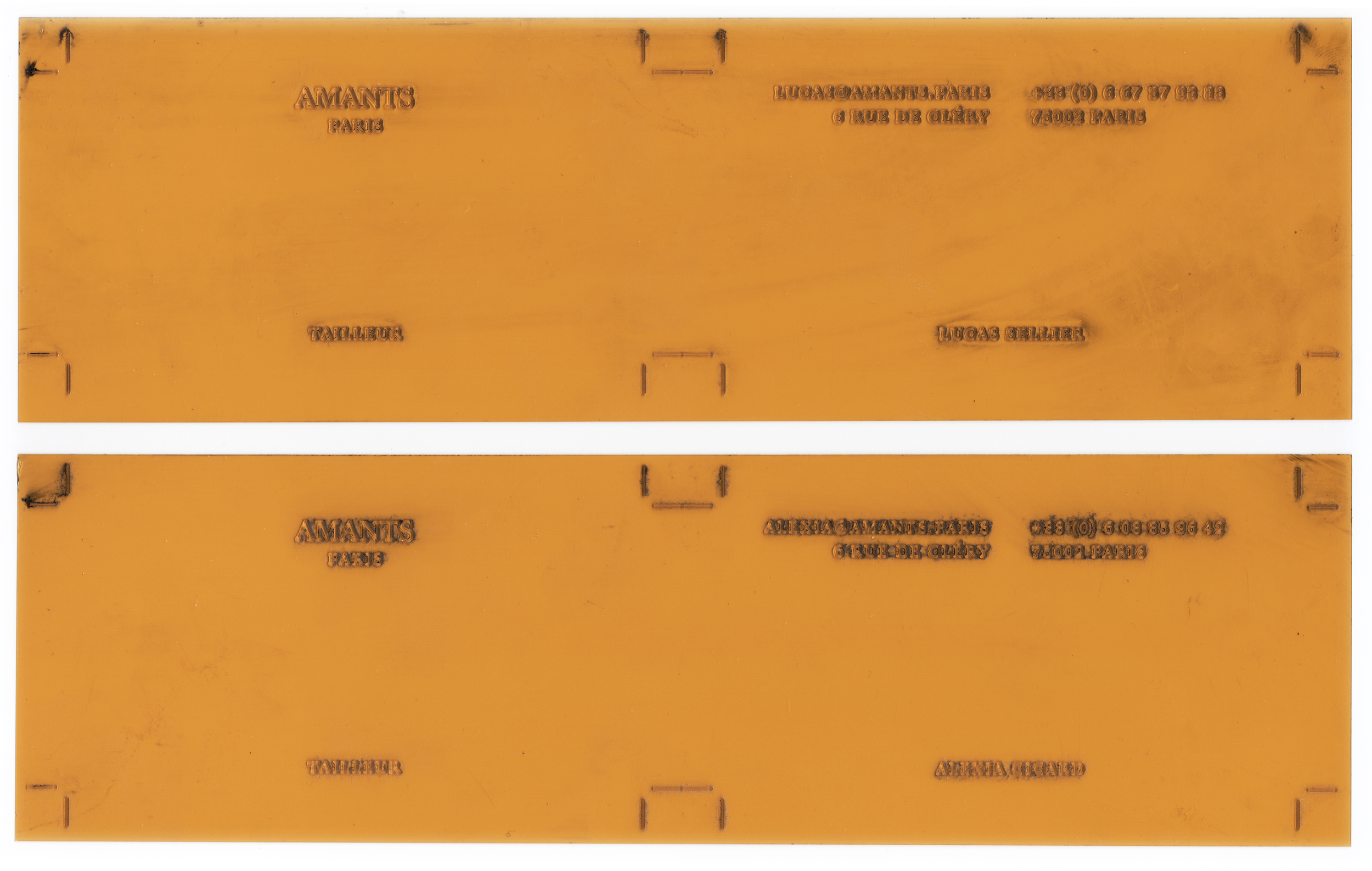 Custom Photopolymer Printing Plates - Photopolymer plates prepared for letterpress printing, used to create tactile typographic impressions.
