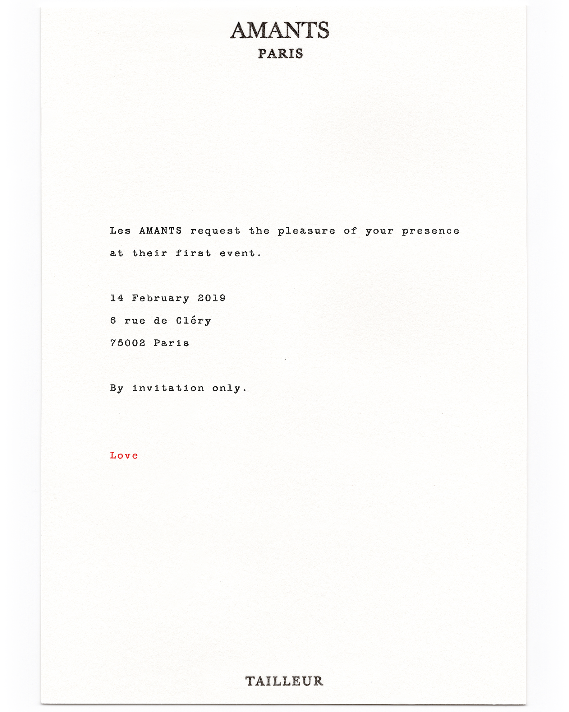 Paper invitation -
Produced using traditional printing plates and typographic ink.
The body text was typeset and printed using relief printing techniques, while selected details were typed on a Remington typewriter, creating a deliberate contrast bet