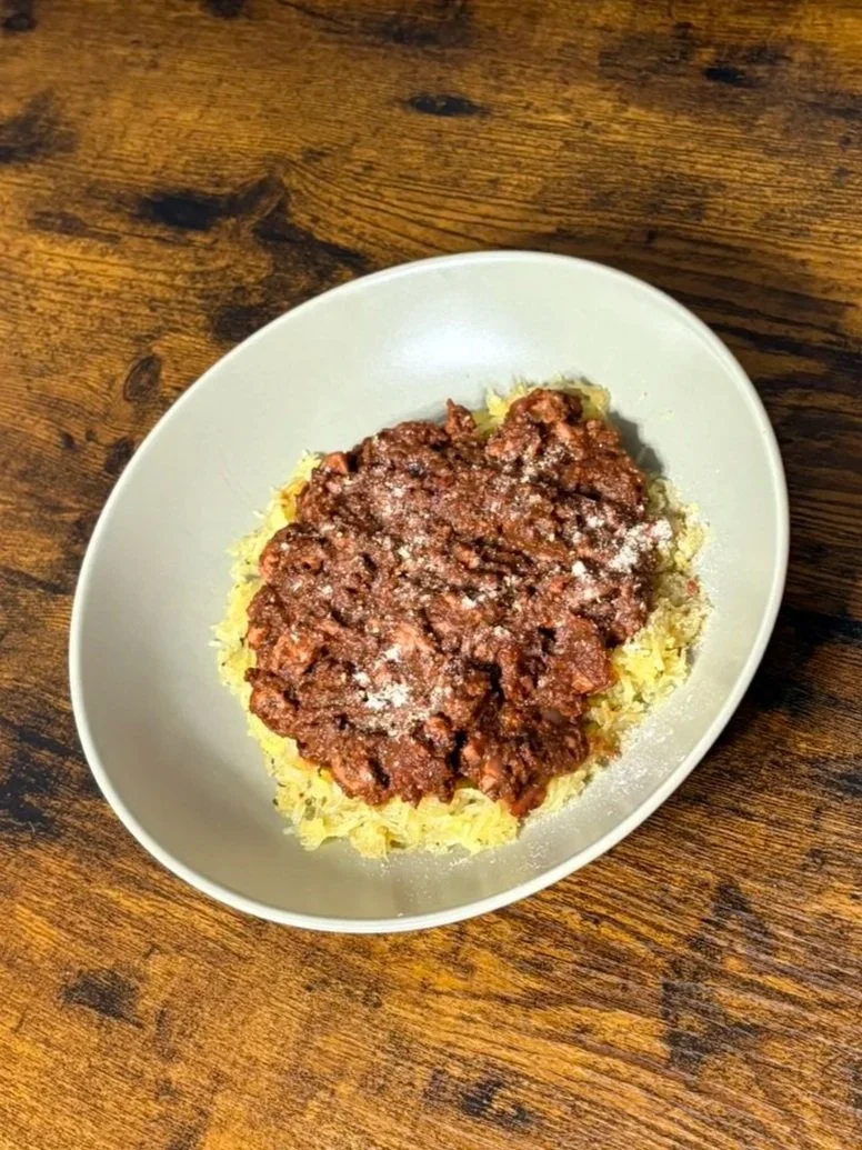 Spaghetti Squash &amp; Mild Italian Sausage with Hidden Vegetable Nomato Sauce