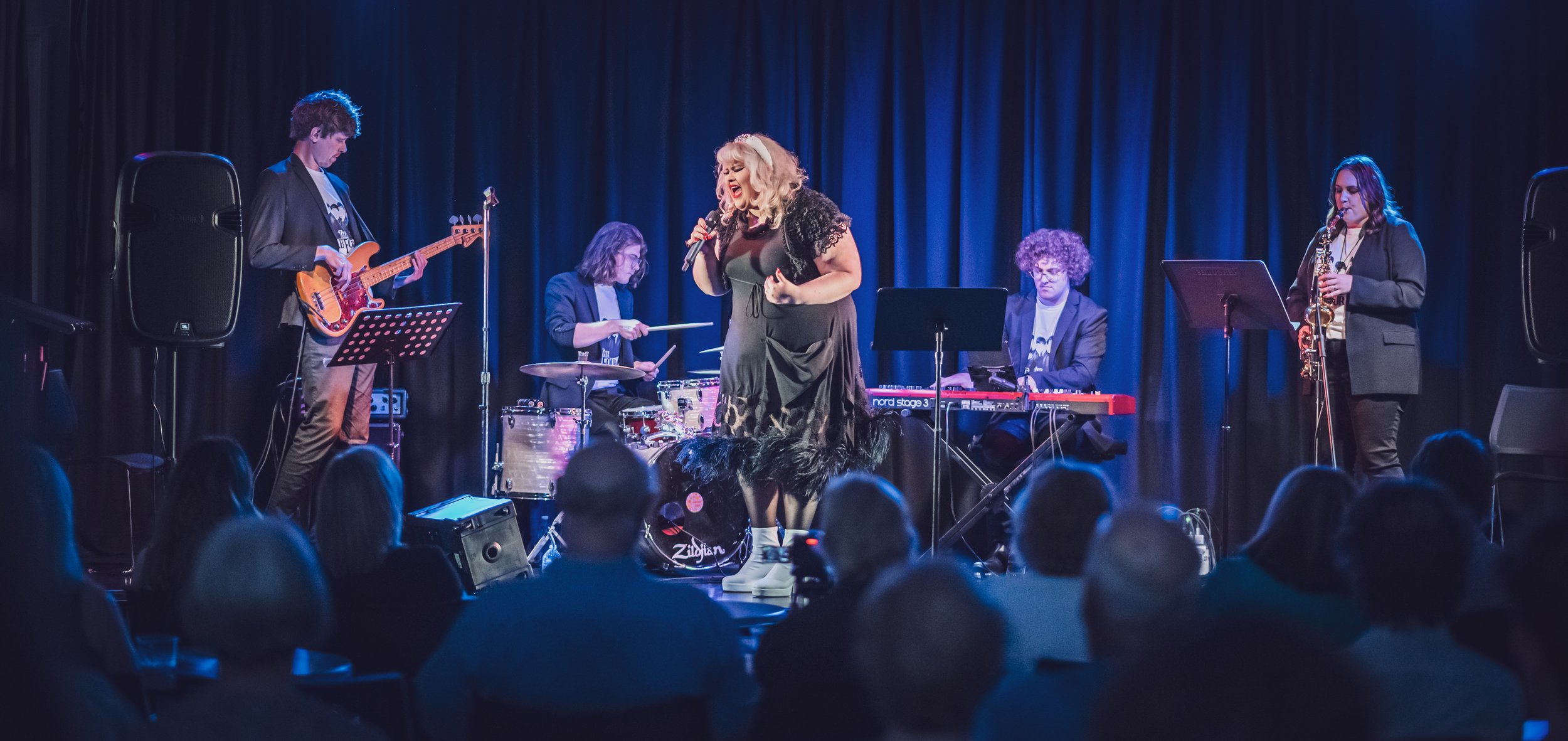 Charlee Watt, Declan Horan (Bass), Lewis Todd (Drums), David Goodwin (Piano), Christina Guala (Saxophone) - Beating Up The Beatles, Adelaide Fringe 2024 - Eliza Hall, Prospect - Photography by Paul Westbrook