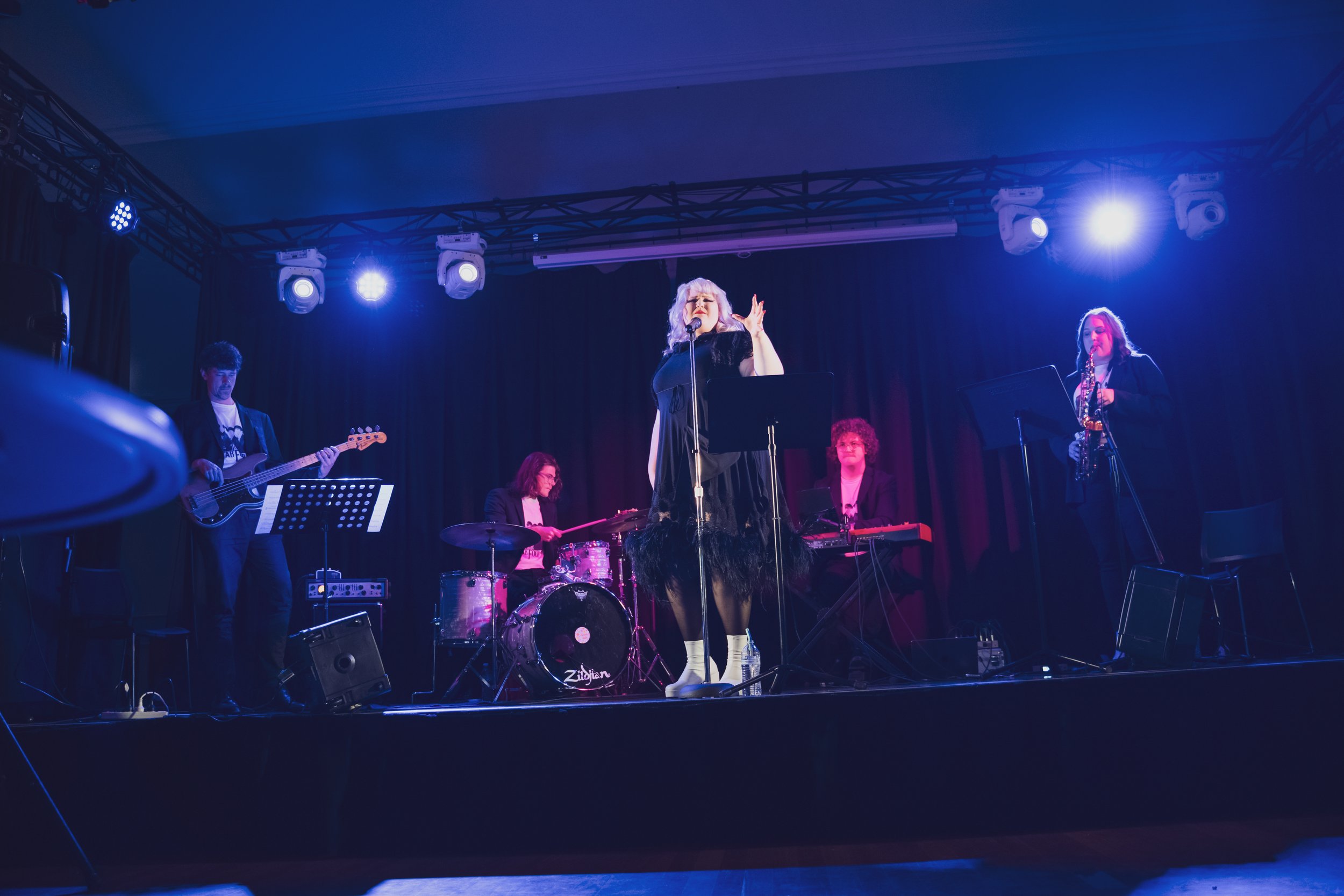 Charlee Watt, Declan Horan (Bass), Lewis Todd (Drums), David Goodwin (Piano), Christina Guala (Saxophone) - Beating Up The Beatles, Adelaide Fringe 2024 - Eliza Hall, Prospect - Photography by Paul Westbrook
