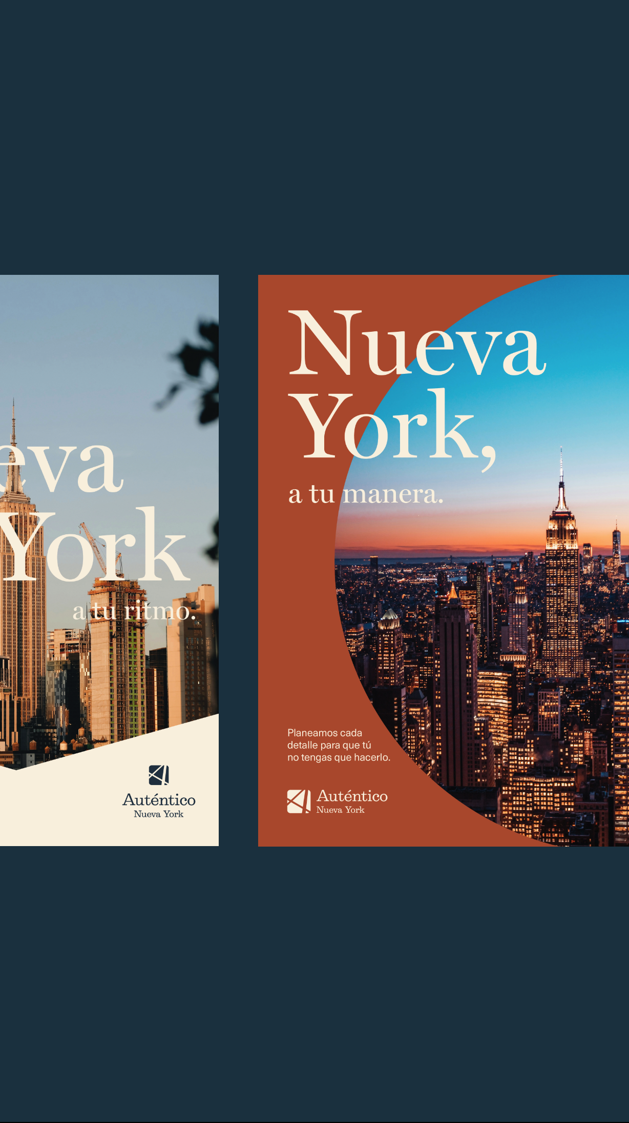 Dos folletos turísticos, uno con la imagen del skyline de Nueva York al atardecer y otro con la Torre Eiffel, ambos con texto que promocionan viajes a Nueva York y París.