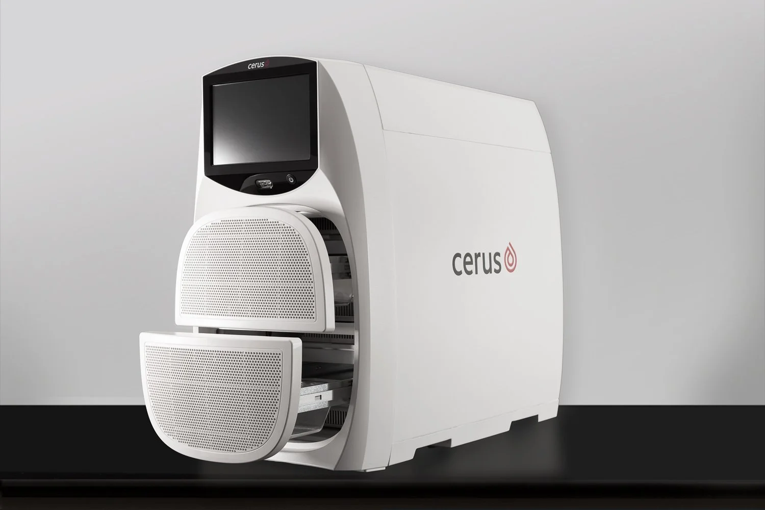 Product Photography Cerus medical device illuminator with drawer trays open, front angle view