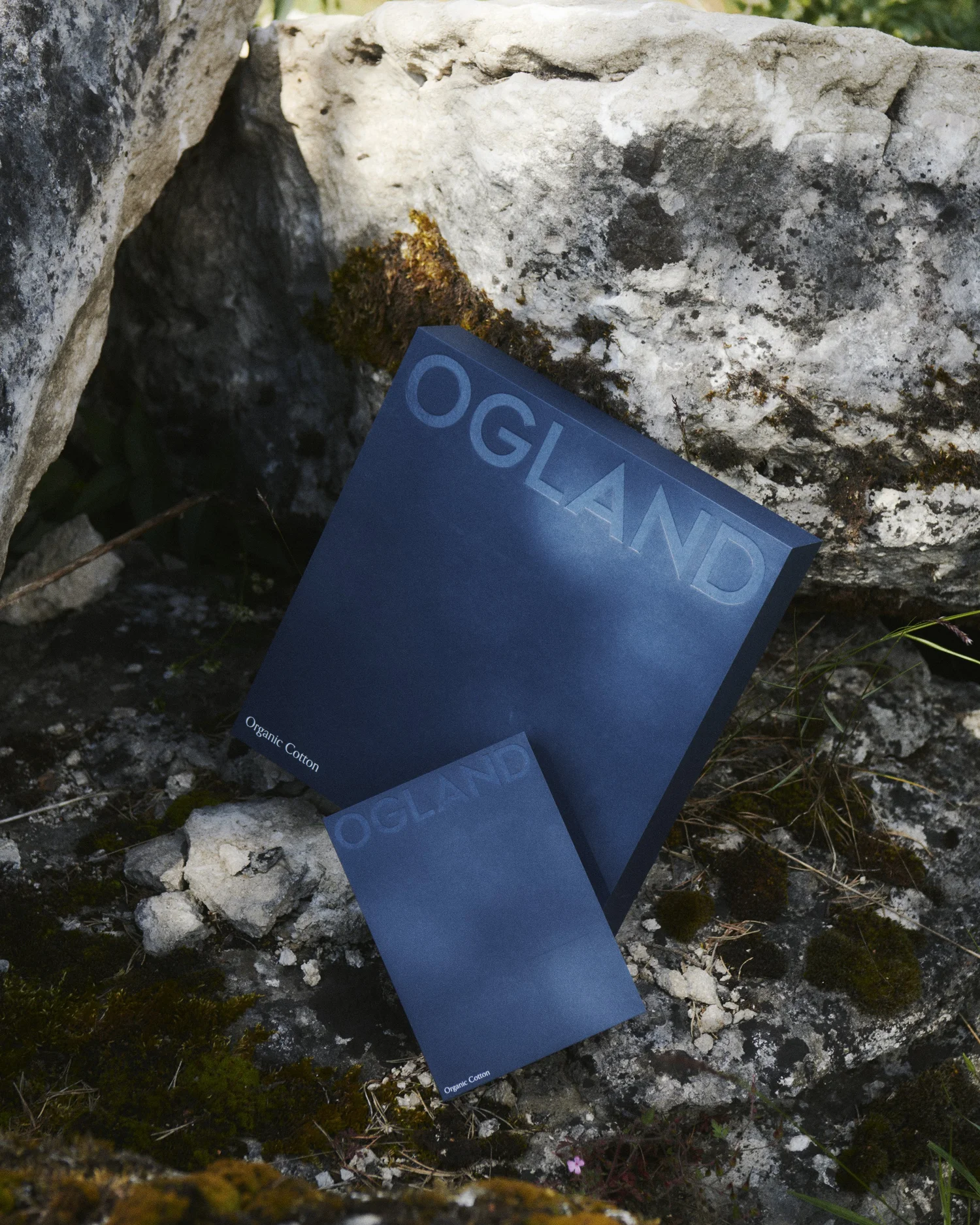 Two dark blue packages labeled 'OGLAND' are positioned against a rocky outdoor background with moss and small plants.