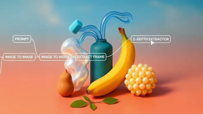 Een banaan, druiven, een ui, een spruit en een apparaat met buisjes en een knop, die samengevat worden door tekstlabels voor een video transcript.