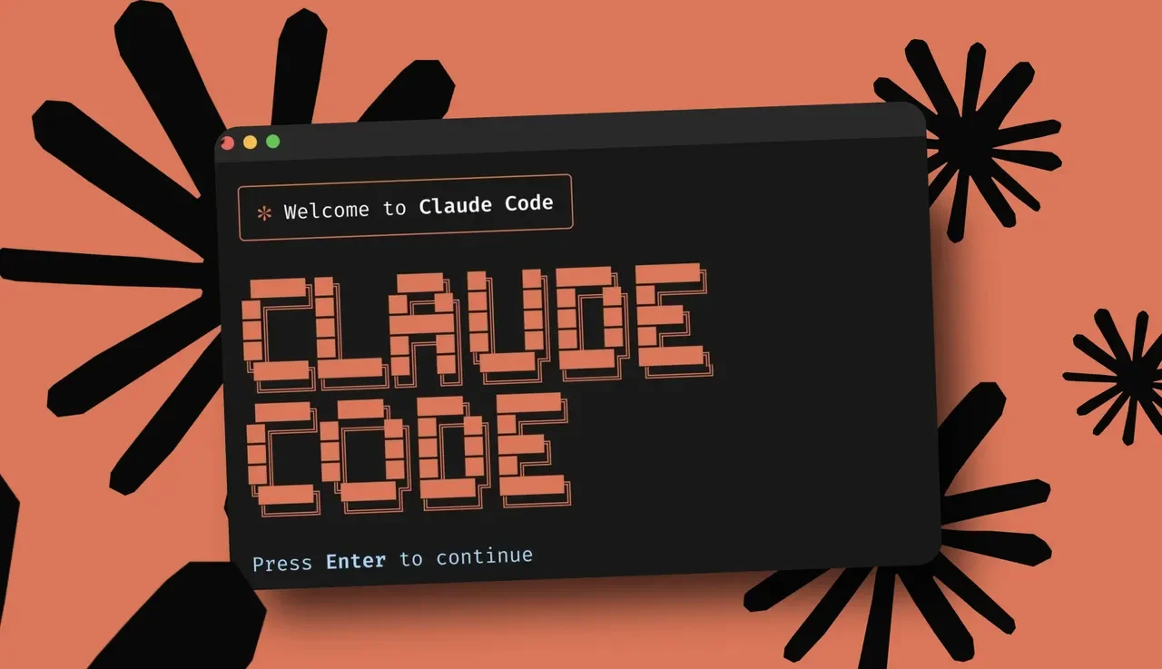 Een digitale welkomstpagina met de tekst 'Welcome to Claude Code' en een grote, pixelachtige tekst die 'Claude Code' weergeeft, tegen een roze achtergrond met zwarte bloemachtige figuren.