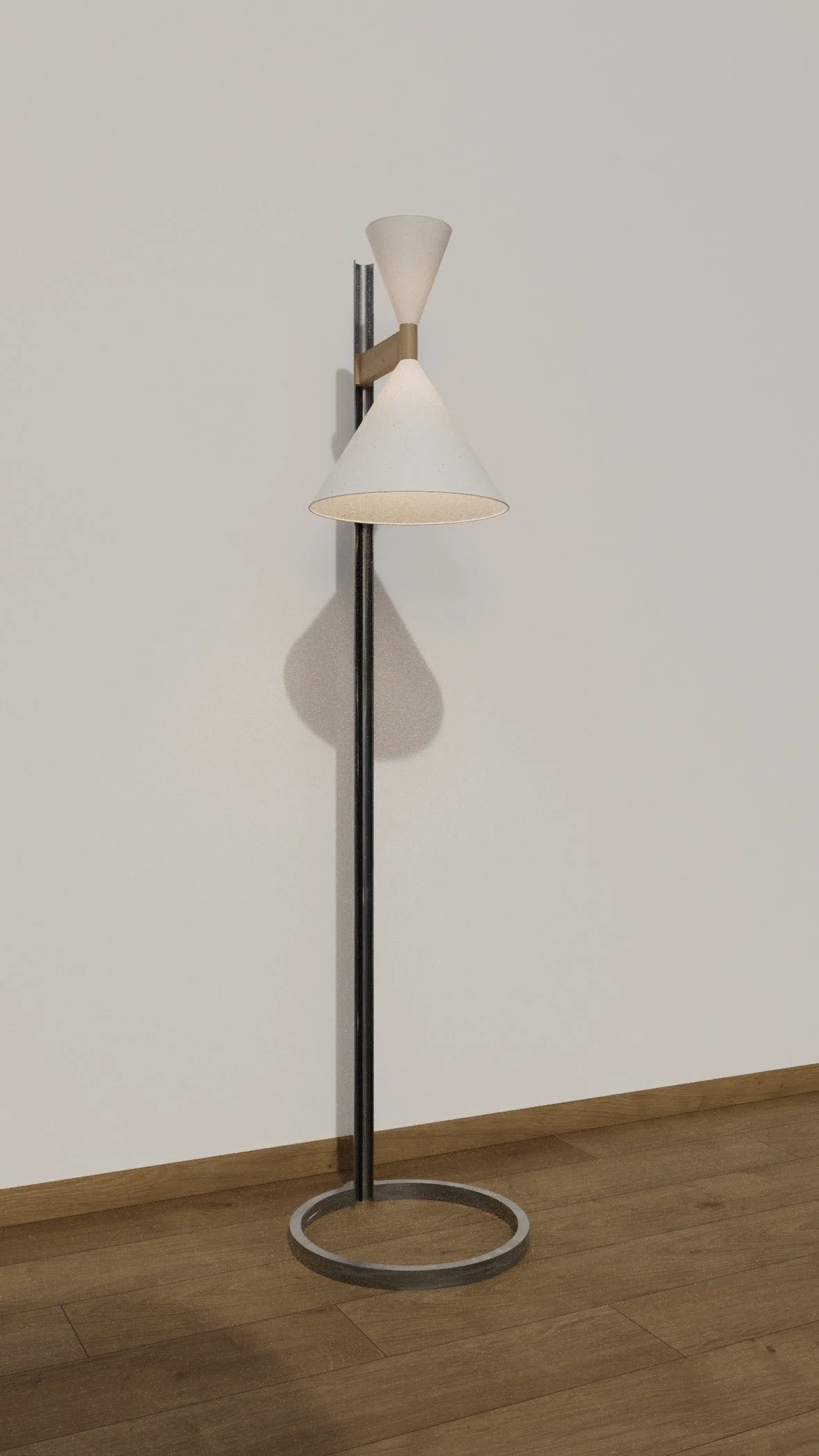 A modern floor lamp with a cone-shaped white lampshade on a black metal stand, positioned against a plain white wall on a wooden floor.