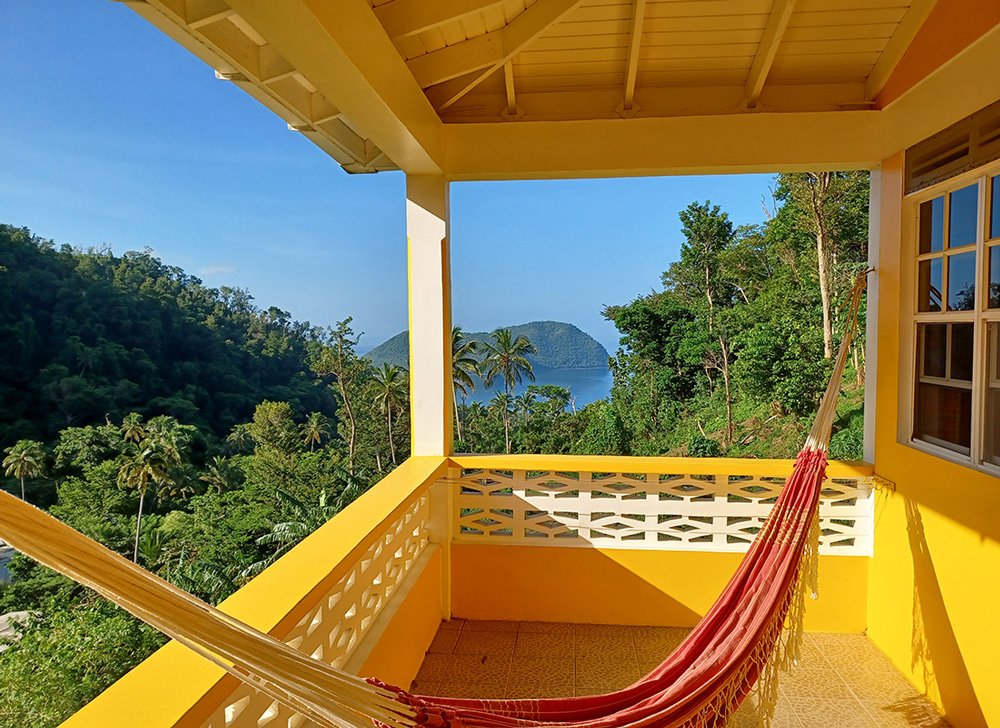 View towards the ocean from the upper balcony area in the Little Villa, Mango Garden Cottages, Dominica