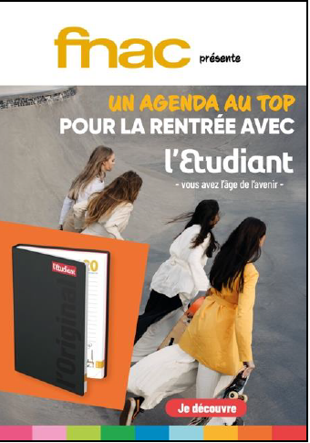 Couverture d'une brochure promotionnelle de Fnac mettant en avant un agenda pour la rentrée avec une image de quatre jeunes filles marchant ensemble. l'Etudiant exposant site pro site corpo site commercial exposer au salon stand de l'Etudiant
