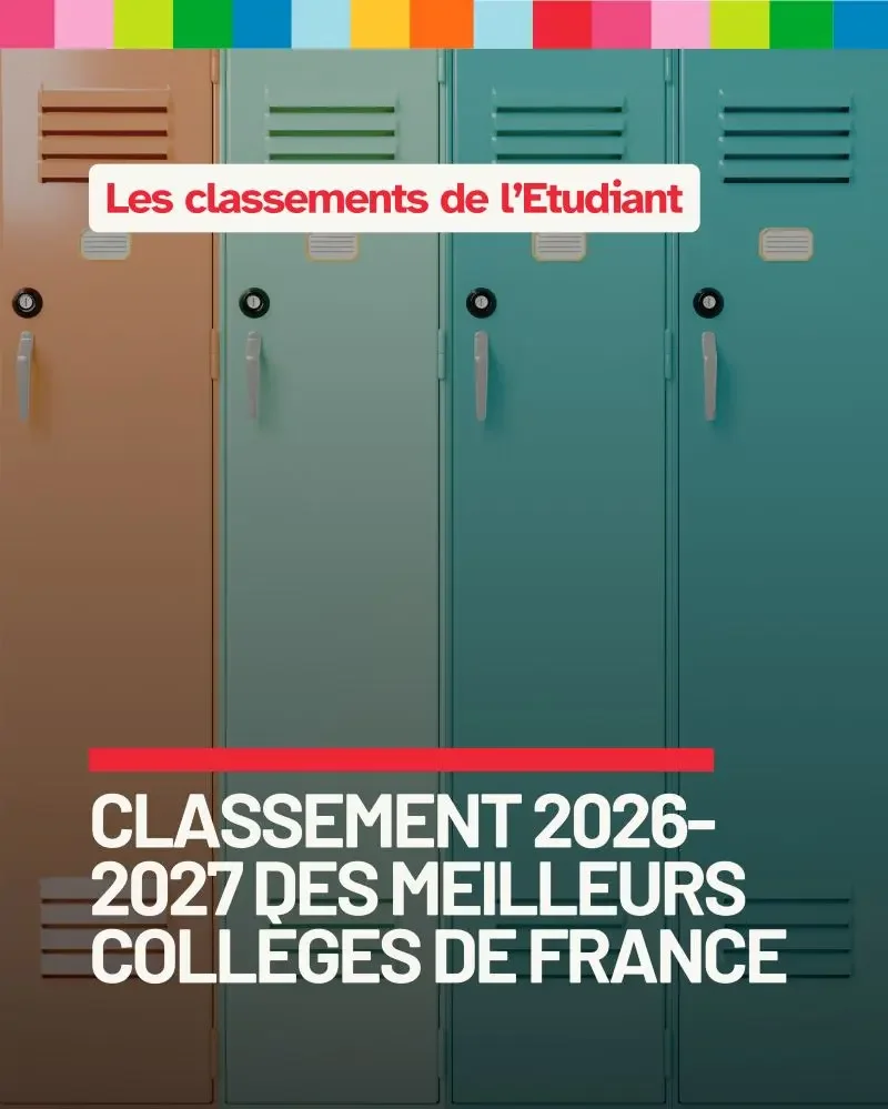 Casiers d'école colorés avec texte en français sur le classement des meilleurs collèges de France pour 2026-2027. l'Etudiant exposant site pro site corpo site commercial exposer au salon stand de l'Etudiant