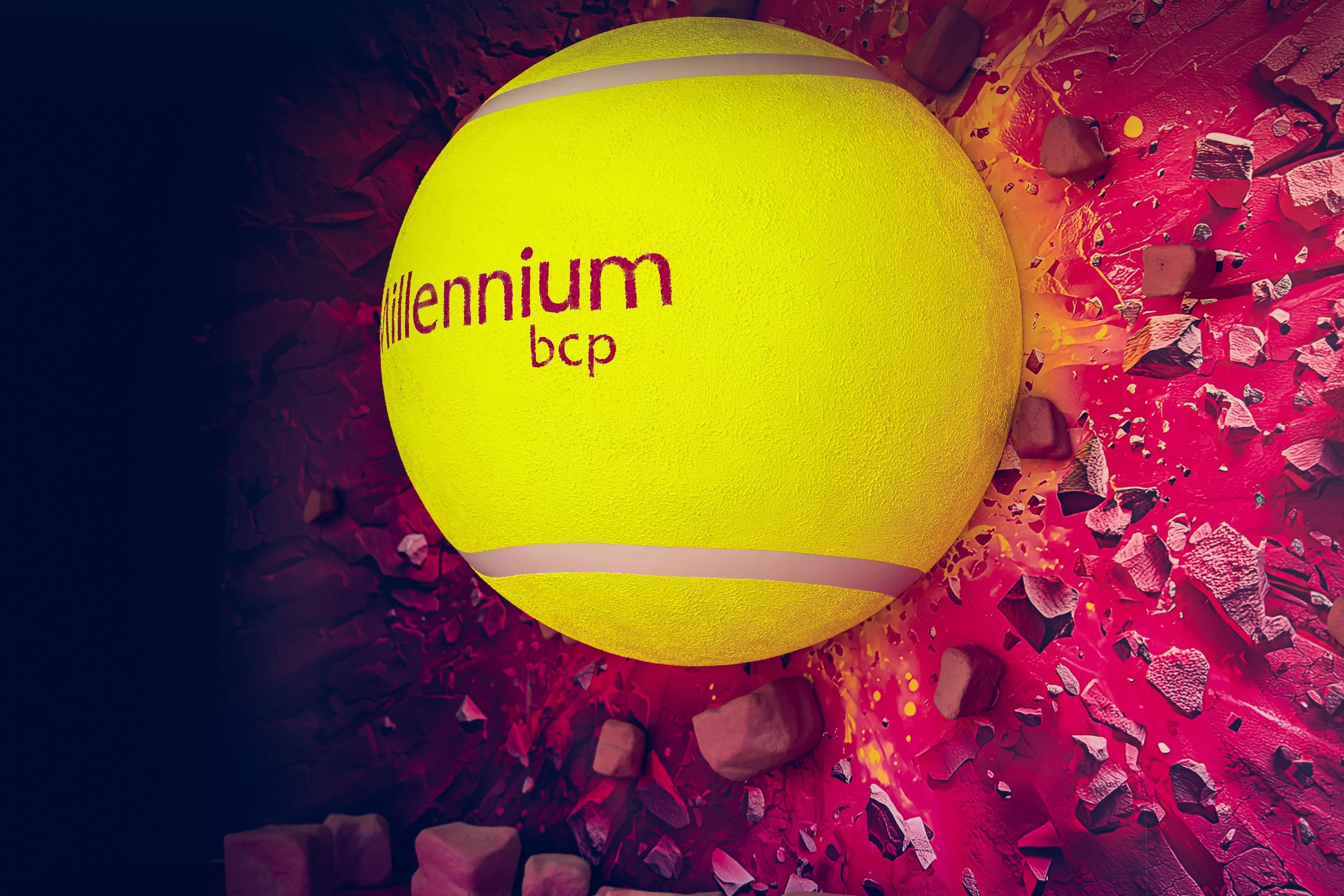 A yellow tennis ball with the words 'millennium bcp' printed on it, resting on pink rocky terrain