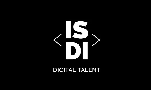 Logo met tekst 'ISDI' en 'DIGITAL TALENT' op een zwarte achtergrond.