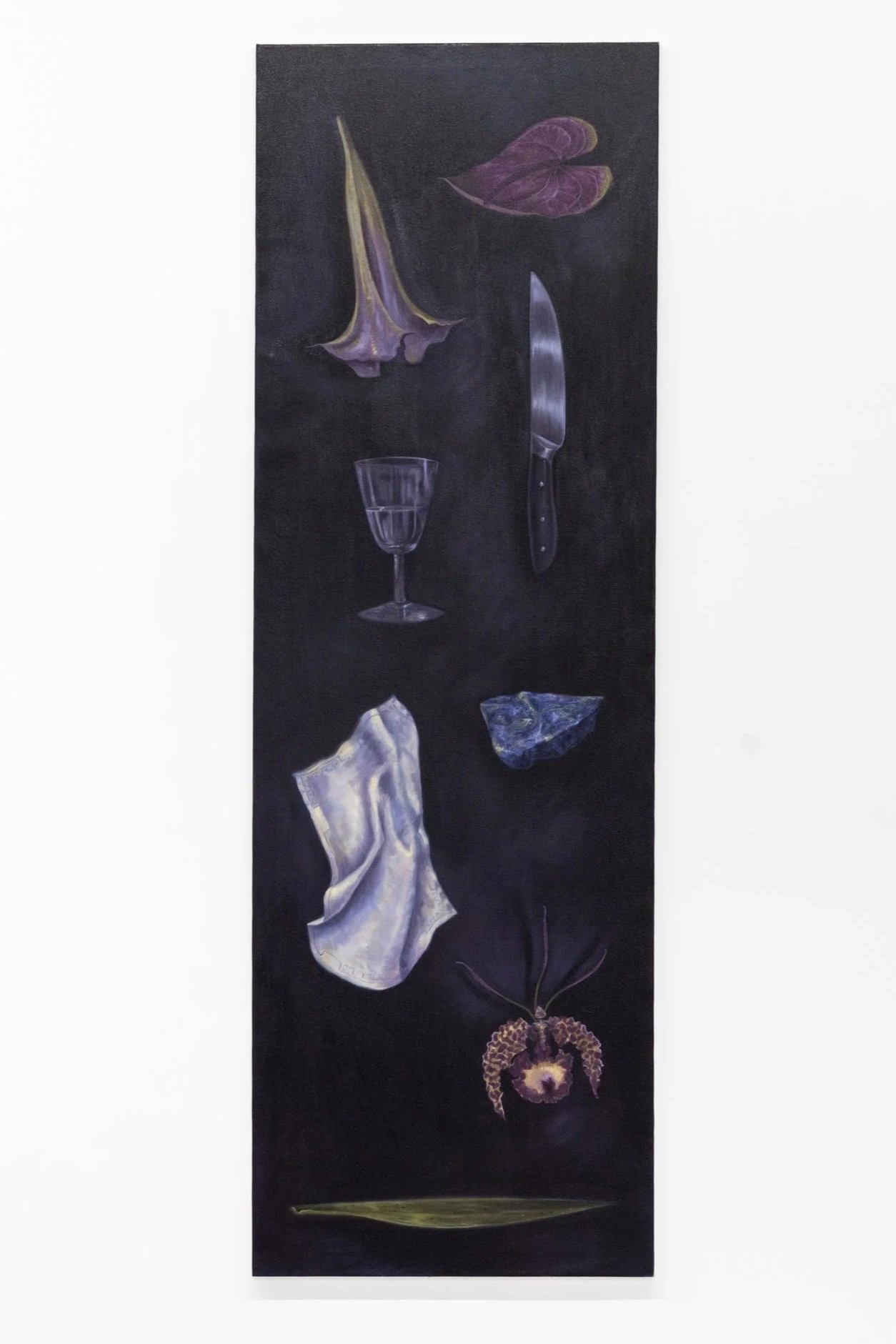   Objetos sin significado , 2025 ; oil on canvas, 63 × 20.5 inches 