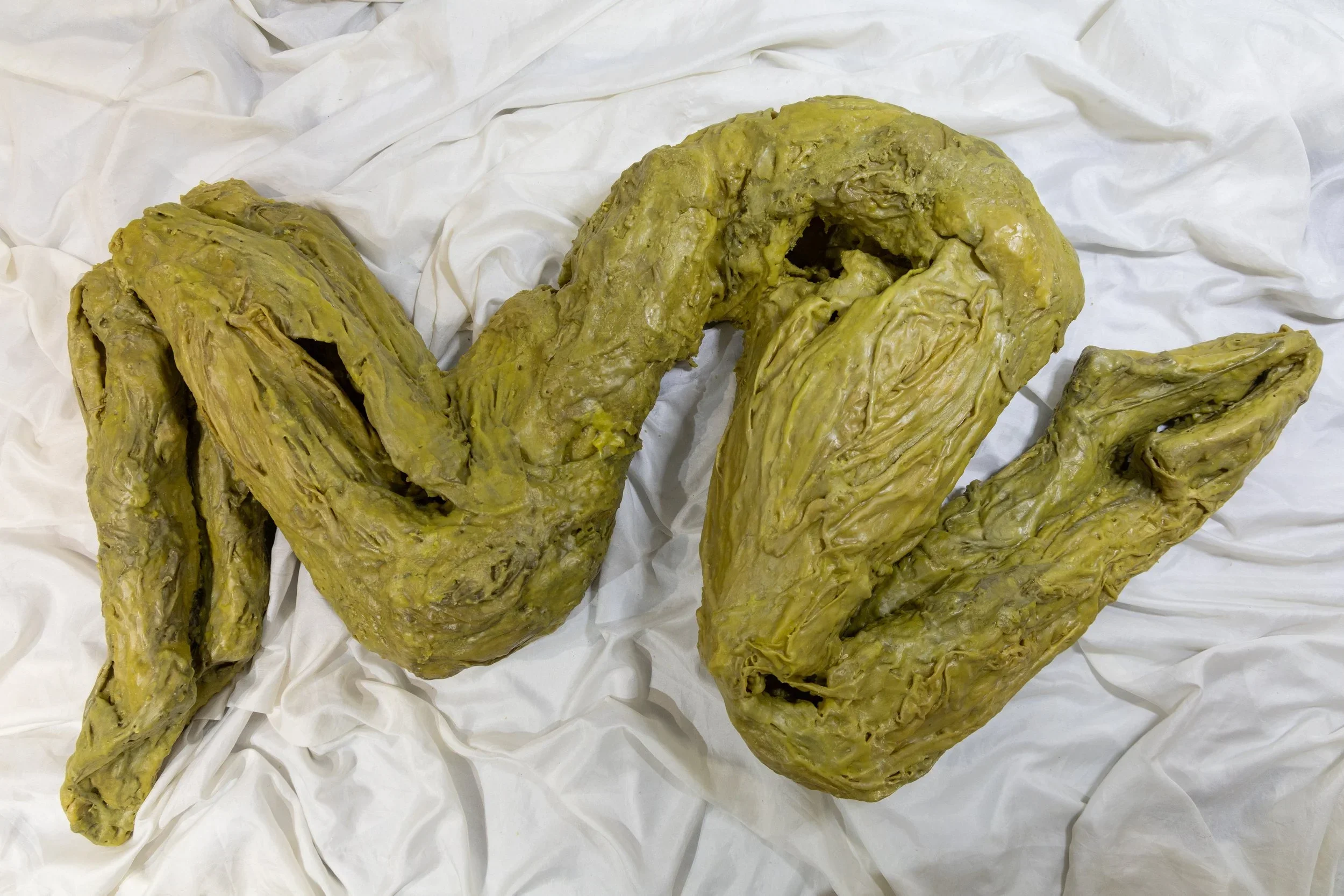   Fill me up , 2022 ; beeswax, paraffin, fabric, oil paint, plaster, steel mesh, 46 × 25 × 12 inches 