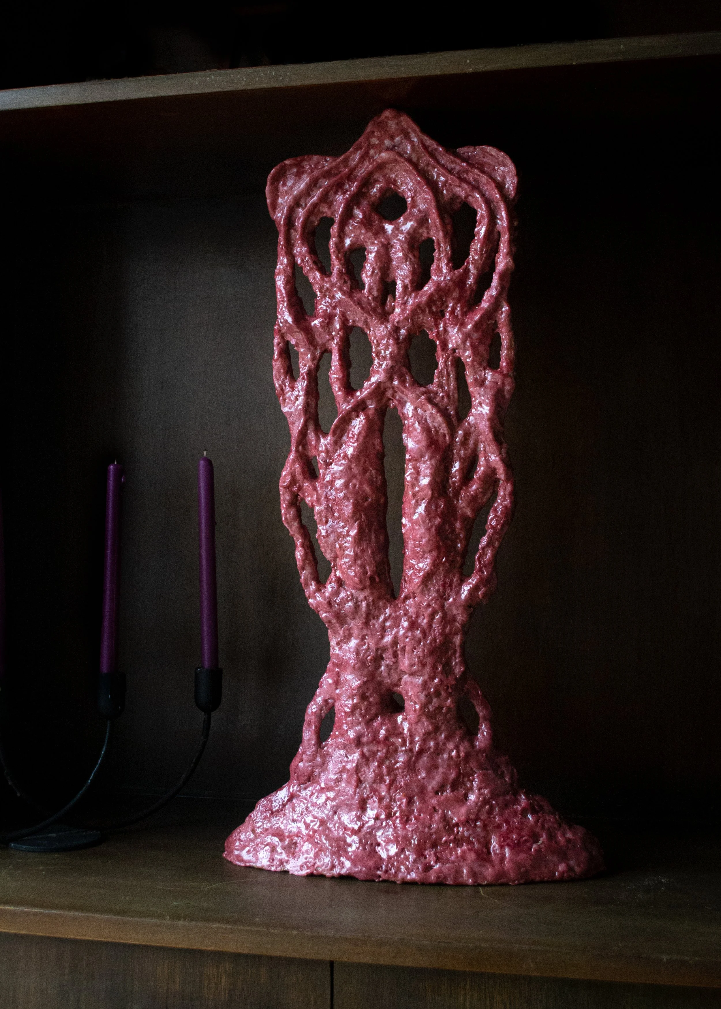   Blood Root , 2025 ; wax, pine resin, oil paint, polyester resin, modeling paste, varnish, 23 × 11 × 4 inches 
