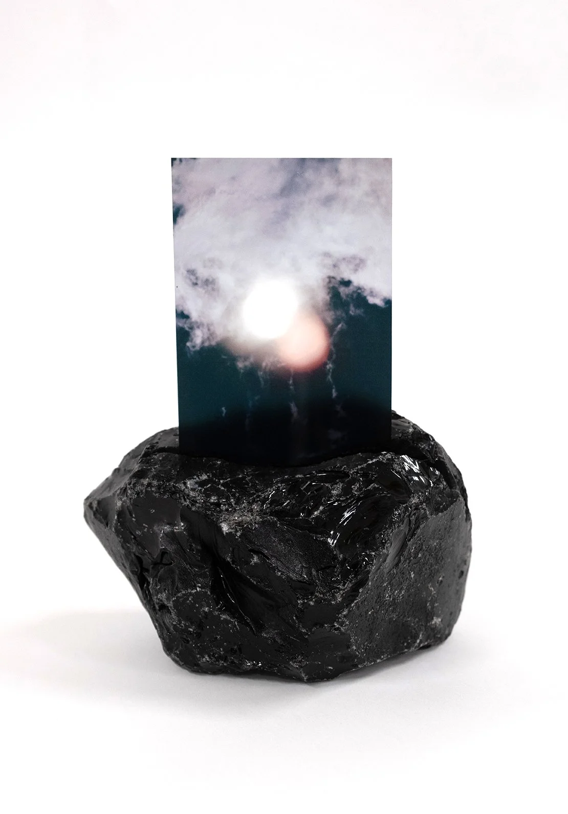   Eclipsed Moon , 2025 ; Inkjet on glass, obsidian, 10 × 6 × 11 inches 