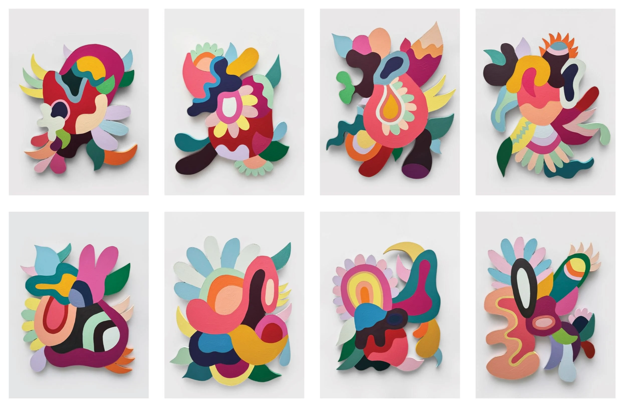 Dino Urpí, Set of 8 Amulets, 2025, acrylic on MDF, 24 x 20 inches each