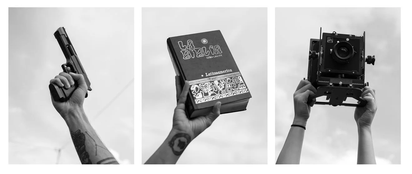 Three black and white photos of a hand holding up a gun, a bible, and a camera, by William Camargo
