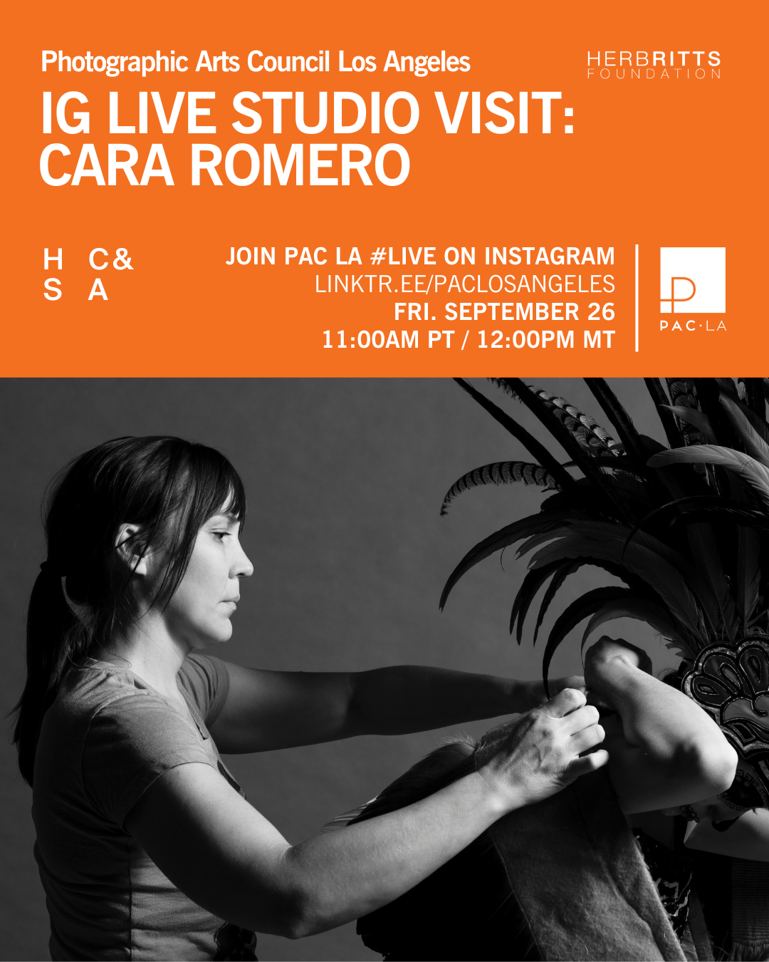 Flyer by Photograpghic Arts Council Los Angeles promoting IG Live studio visit with cara romero. Pictured a black and white photo of cara putting a head dress on another person that is off camera.