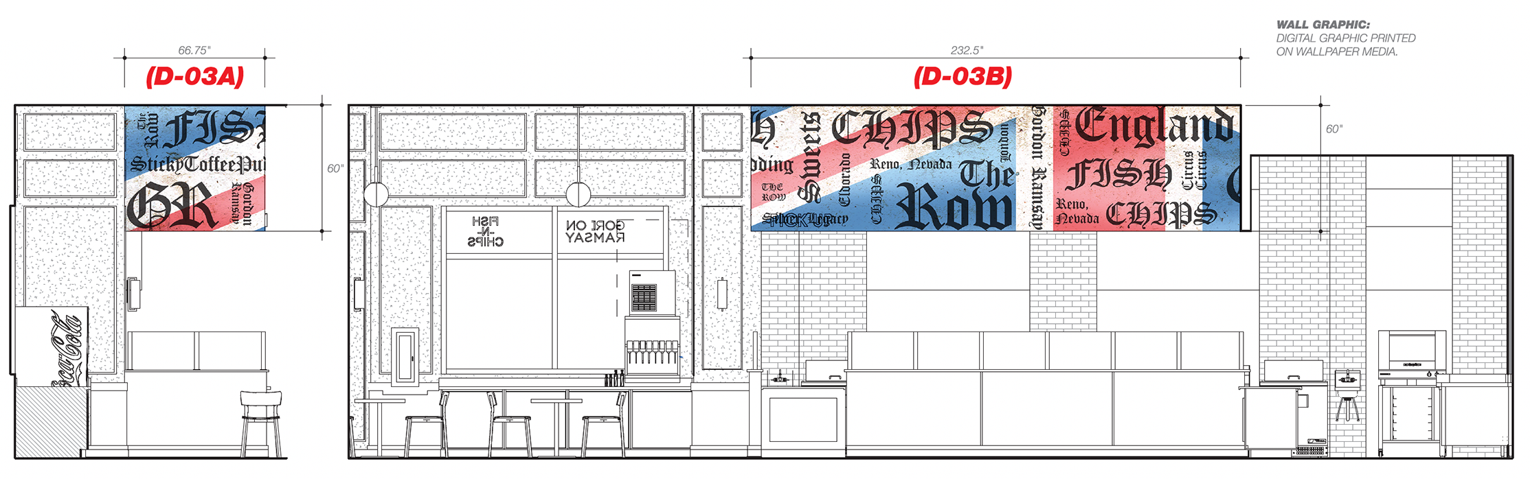 Architectural blueprint of an interior space featuring wall graphics with words and designs related to Reno, Nevada, and England, including decorative signage, a seating area, and kitchen fixtures.