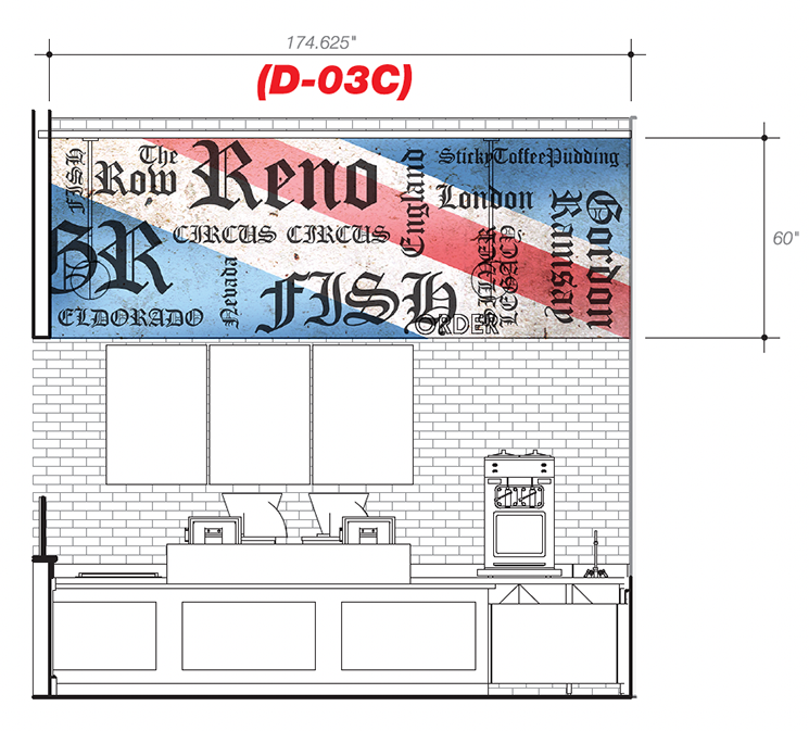 Blueprint of a restaurant interior featuring a large colorful sign with various words and phrases, a brick wall, two framed pictures, and a kitchen area with a stove and counter.