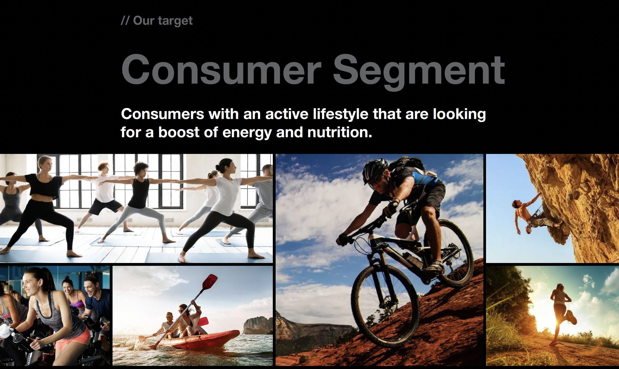 A collage of active lifestyle images including yoga class, mountain biking, rock climbing, kayaking, indoor cycling, and running at sunset.