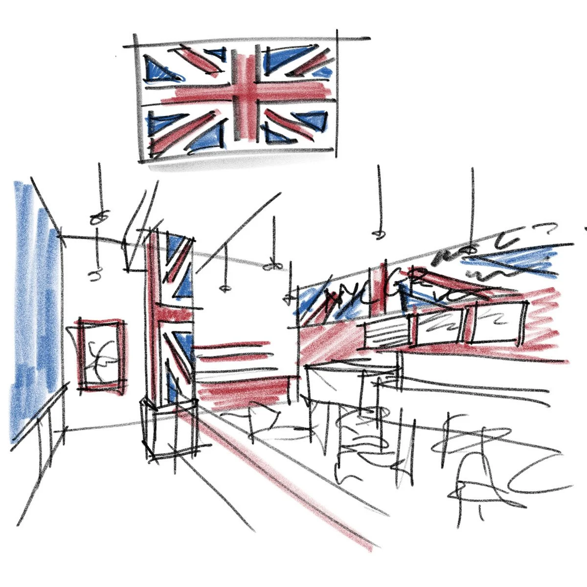 Sketch of a room with a Union Jack flag hanging on the wall, and other decorations in red, white, and blue.