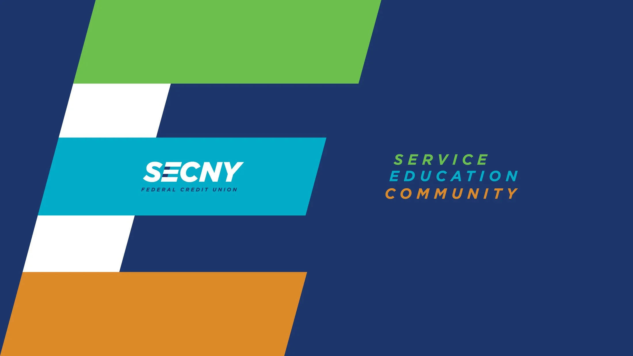 CINSYR | Creative design agency Syracuse, New York | SECNY federal credit union brand identity large branded "E" with logo inside with their tagline service education and community