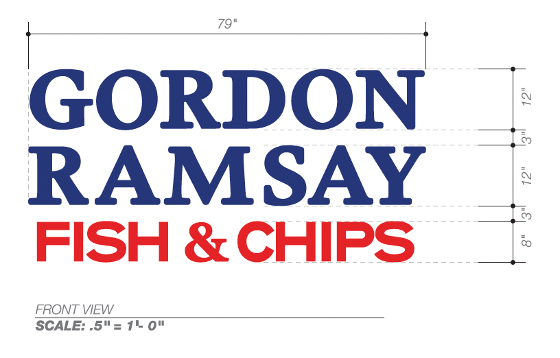 Sign with the name 'Gordon Ramsay' in large blue letters and 'Fish & Chips' in red letters underneath.