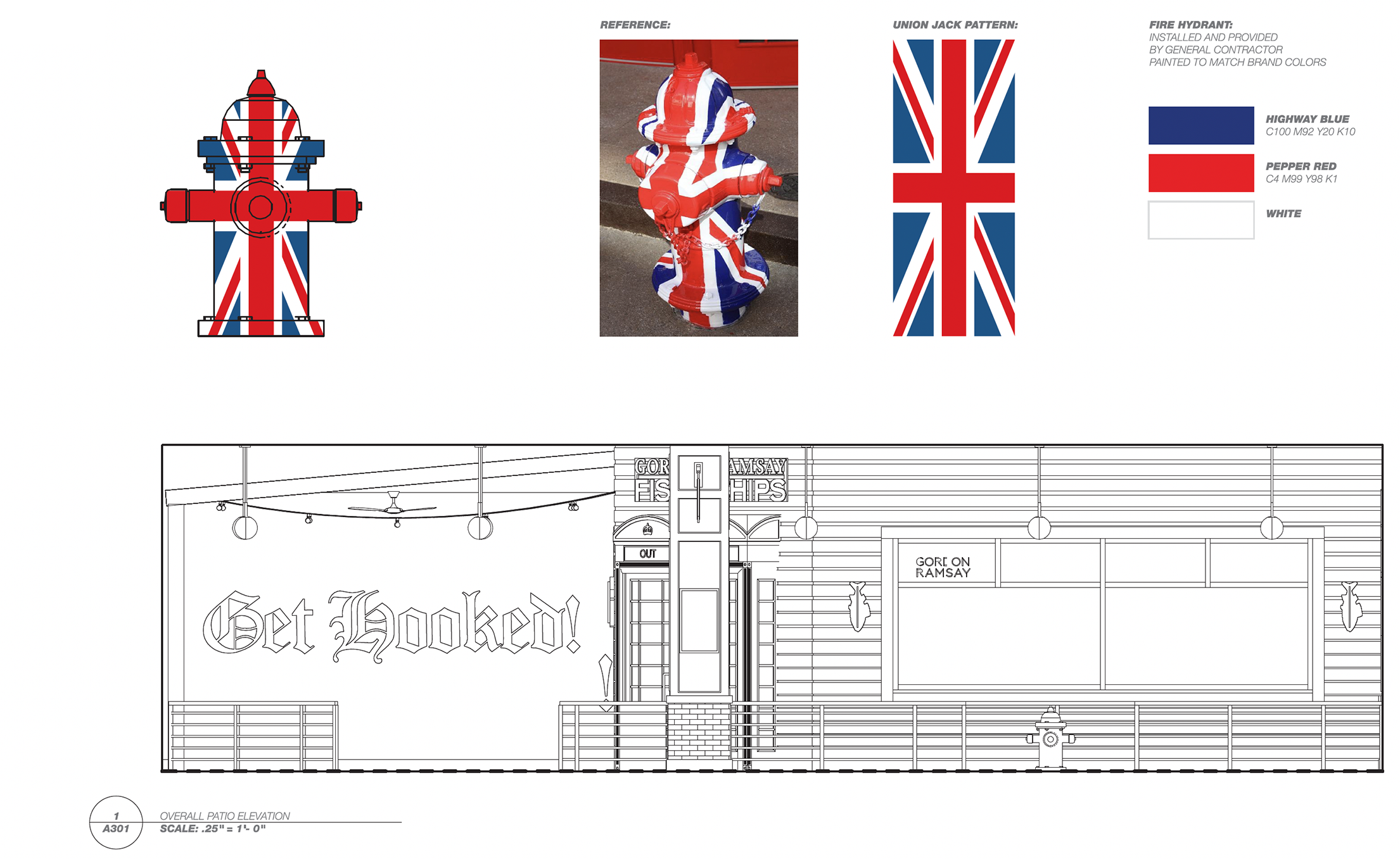 A blueprint and design for a fire hydrant painted with a Union Jack pattern in red, blue, and white. The design includes color specifications and a photo of an actual hydrant with the pattern. There is also an elevation drawing of a building with the text 'Get Hooked!'