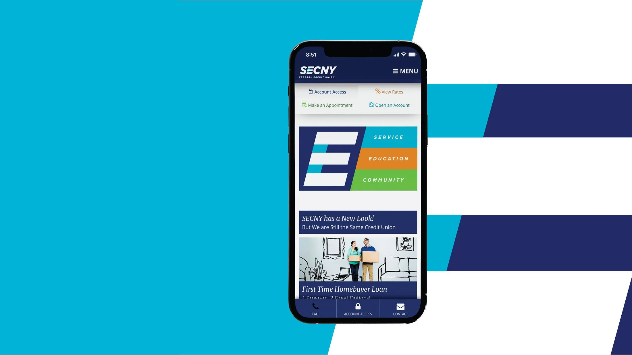 CINSYR | Creative design agency Syracuse, New York | SECNY federal credit union brand identity mockup SECNY app shown on an iphone