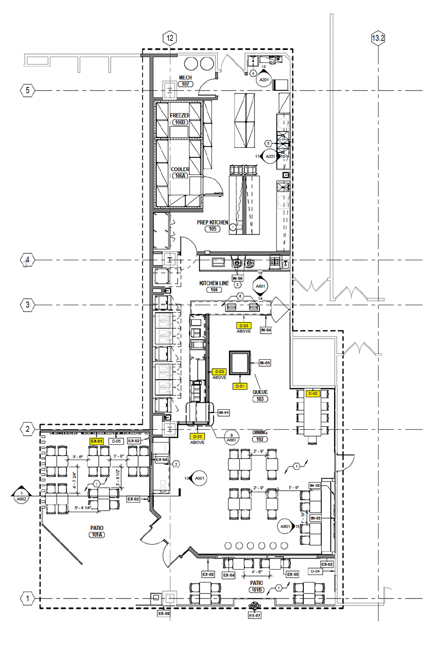 Architectural floor plan of a building, showing rooms, furniture, and layout details.