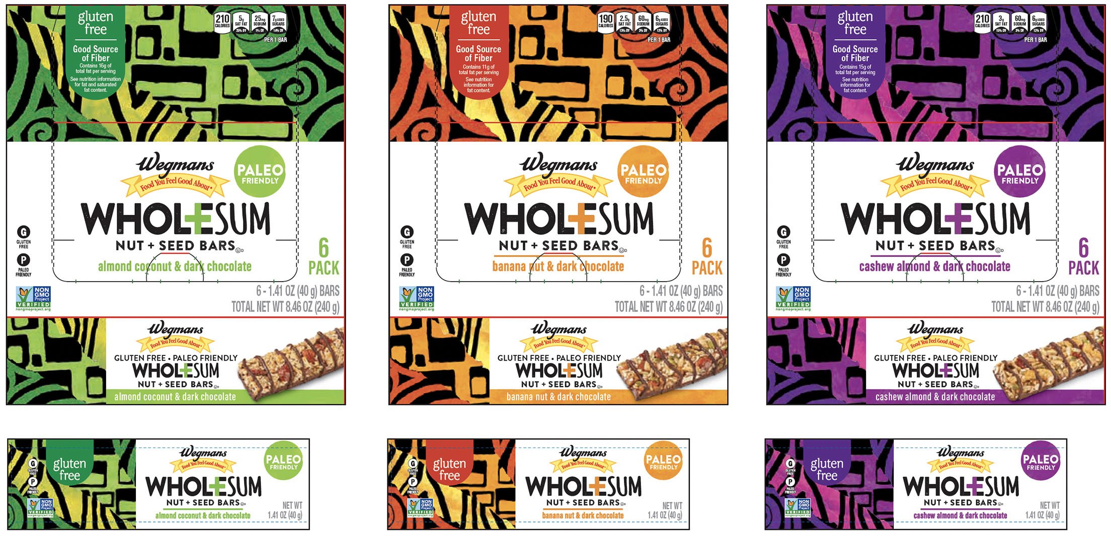 Three varieties of Wegmans Whole Sums nut and seed bars, each in colorful packaging with abstract patterns. The first features green and yellow with almond coconut and dark chocolate flavor, the second orange and black with banana nut and dark chocolate flavor, and the third purple and black with cashew almond and dark chocolate flavor.