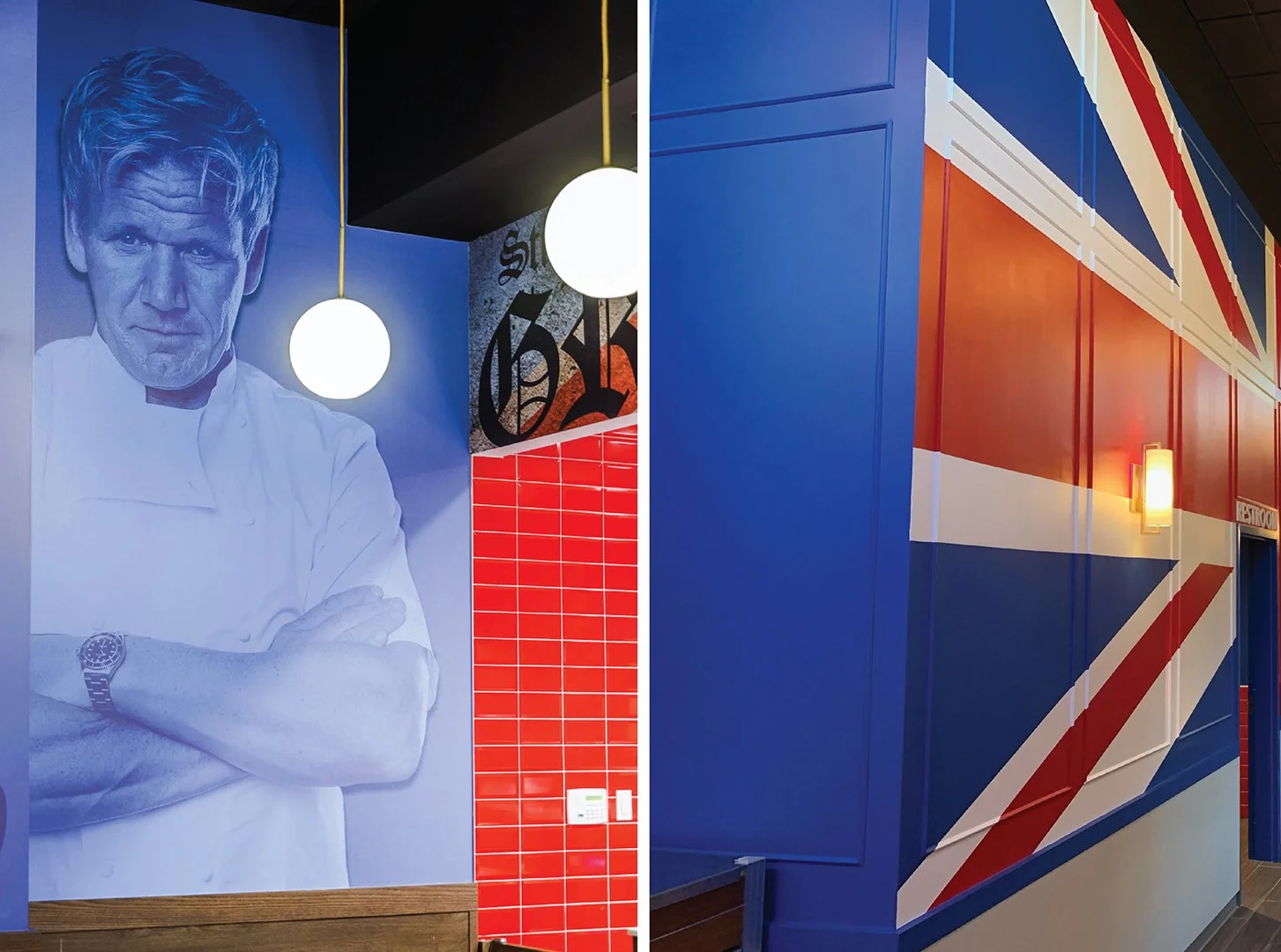 Interior of a restaurant or cafe decorated with British-themed artwork and Union Jack motifs, featuring a portrait of a Gordon Ramsay in a chef's coat on the left side, and Union Jack designs on the walls on the right side.