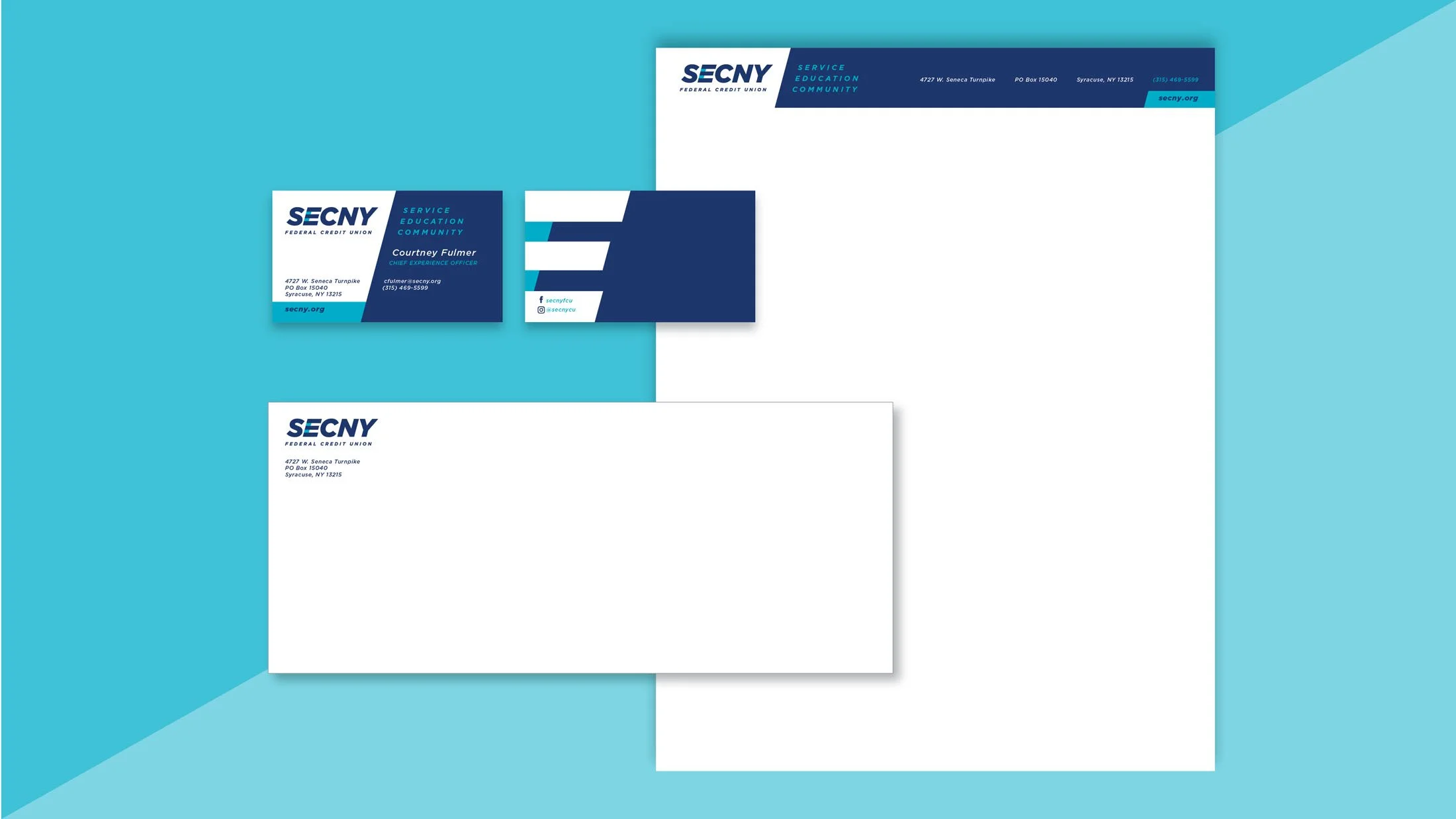 CINSYR | Creative design agency Syracuse, New York | SECNY federal credit union brand identity marketing materials branded business cards, letterheads, and envelopes