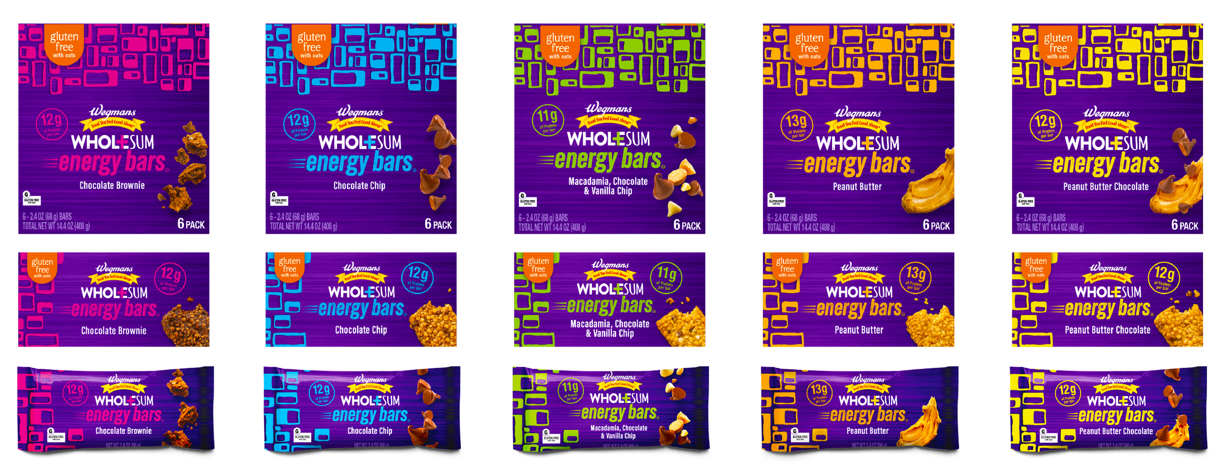 An assortment of Wegmans WholeSum energy bars in various flavors, including chocolate brownie, chocolate chip, macadamia chocolate and vanilla, and peanut butter, arranged in a grid.